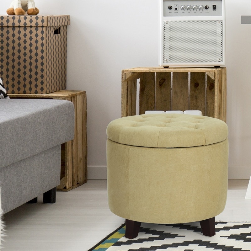 Adeco Fabric Cushion Round Storage Ottoman Footstool Height 17 Inches Strudy Round Flax Yellow