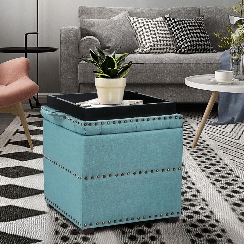 Adeco Fabric Square Ottoman With Tray