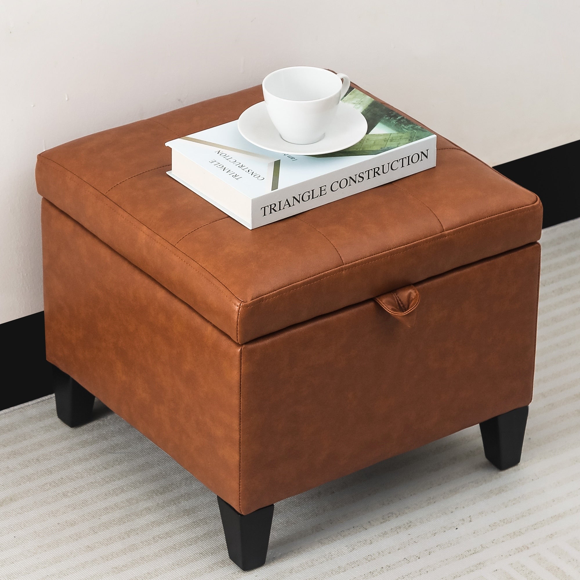 Adeco Square Faux Leather Storage Ottoman With Tufted Flip Top 18X18X15 Black