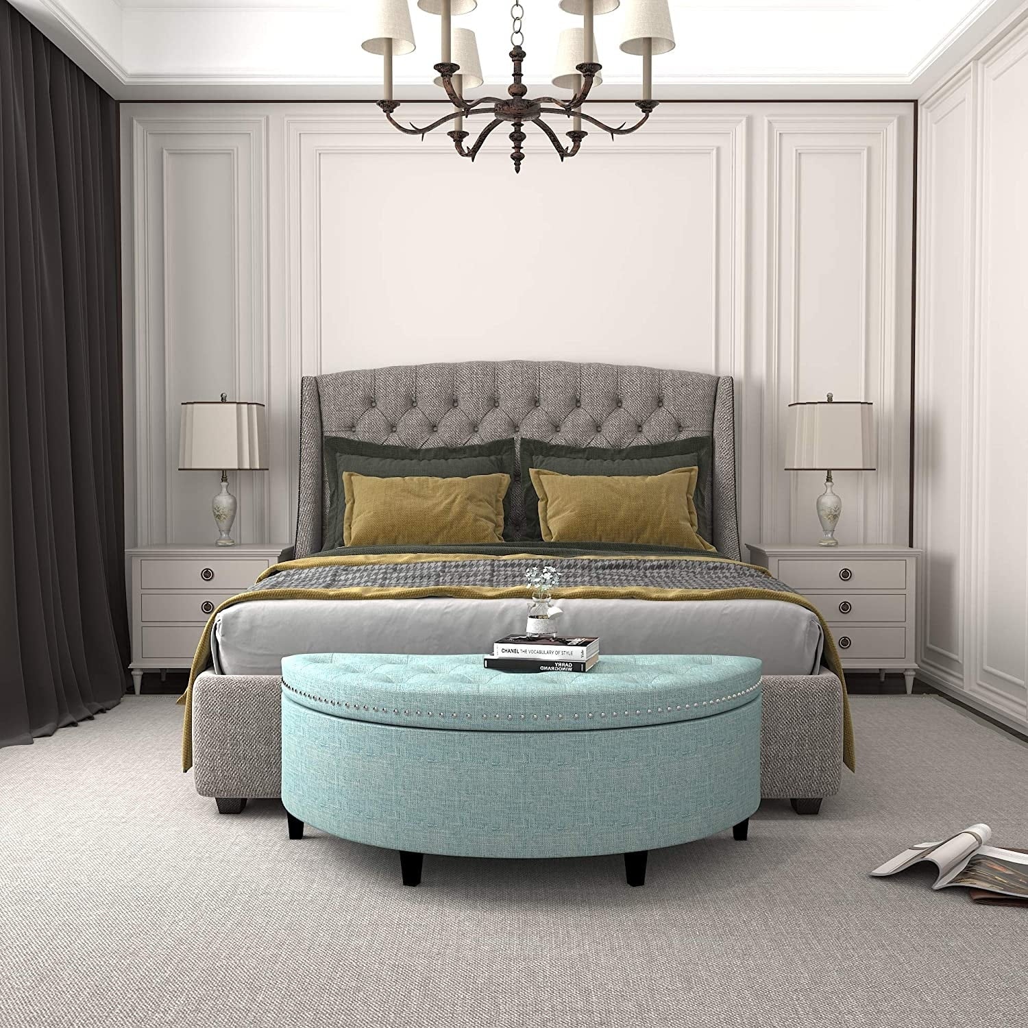 Adeco Modern Fabric Half Moon Storage Ottoman Bench 44 X19 X17.5 Pastel Blue
