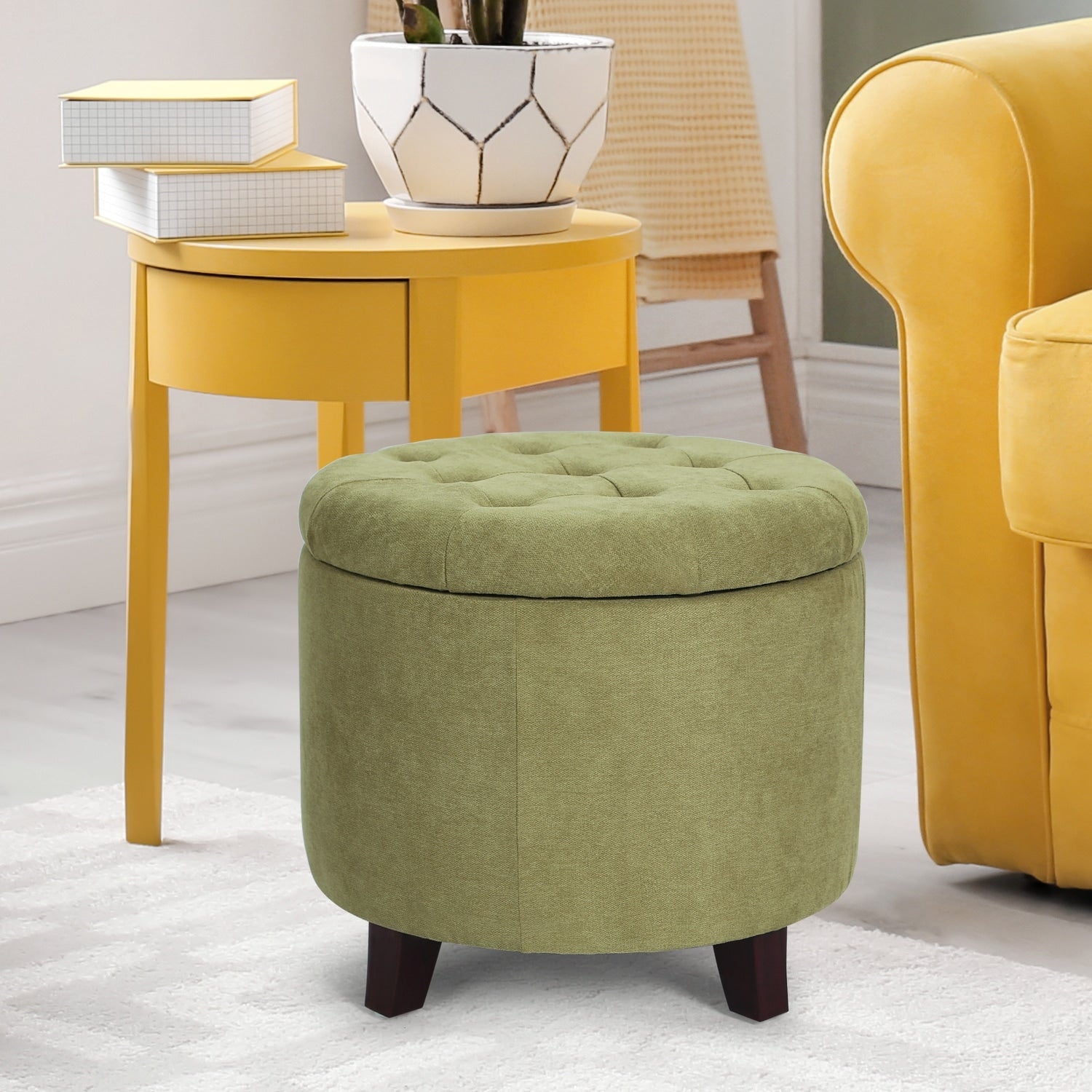 Adeco Fabric Cushion Round Button Tufted Lift Top Storage Ottoman Footstool Height 17 Inches Kiwi