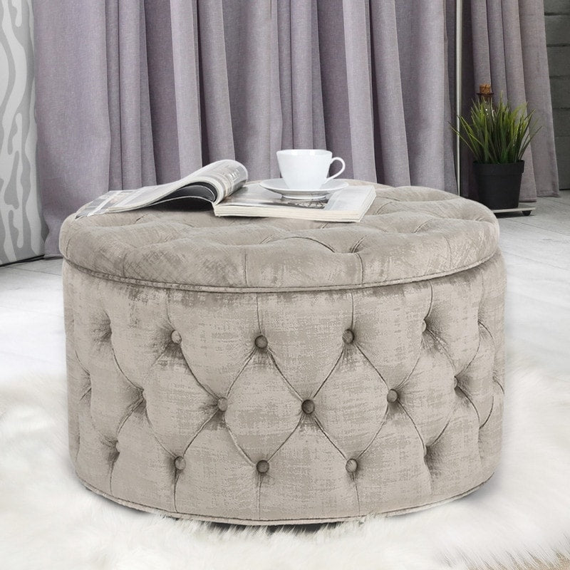 Adeco Round Velvet Storage Ottoman Button Tufted Footrest Stool.