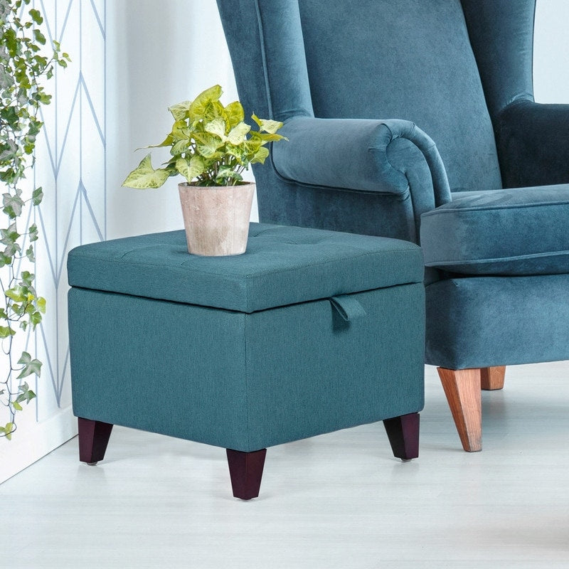 Adeco Square Fabric Storage Ottoman With Tufted Flip Top 18X18X15 Deep Blue
