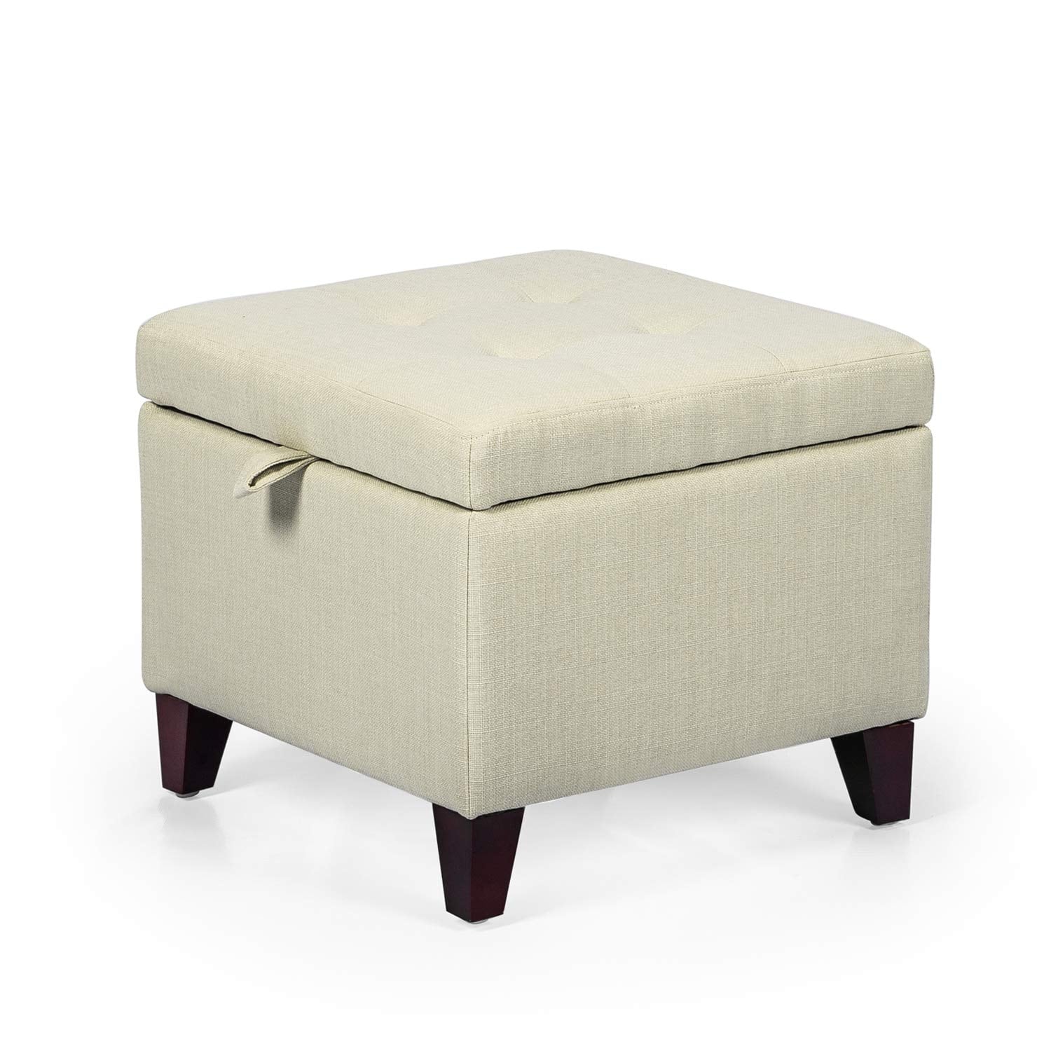 Adeco Square Fabric Storage Ottoman With Tufted Flip Top 18X18X15 Rice White