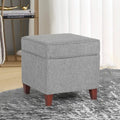 Adeco Square Ottoman With Storage Gray Faux Linen Fabric Footstool.