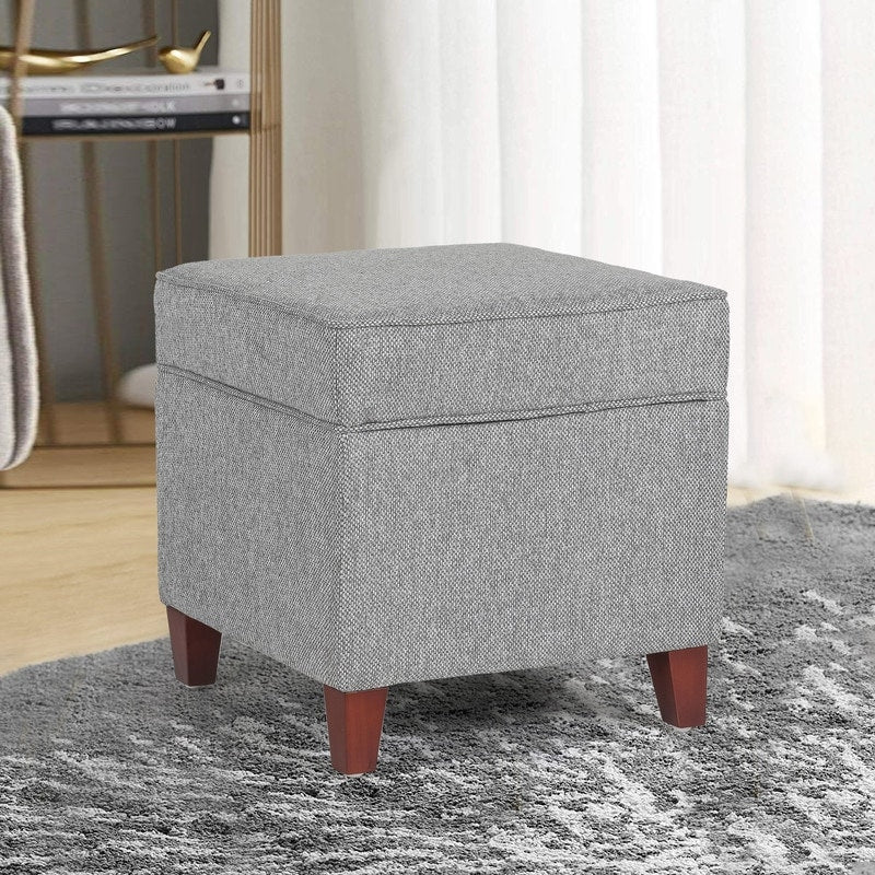 Adeco Square Ottoman With Storage Gray Faux Linen Fabric Footstool.