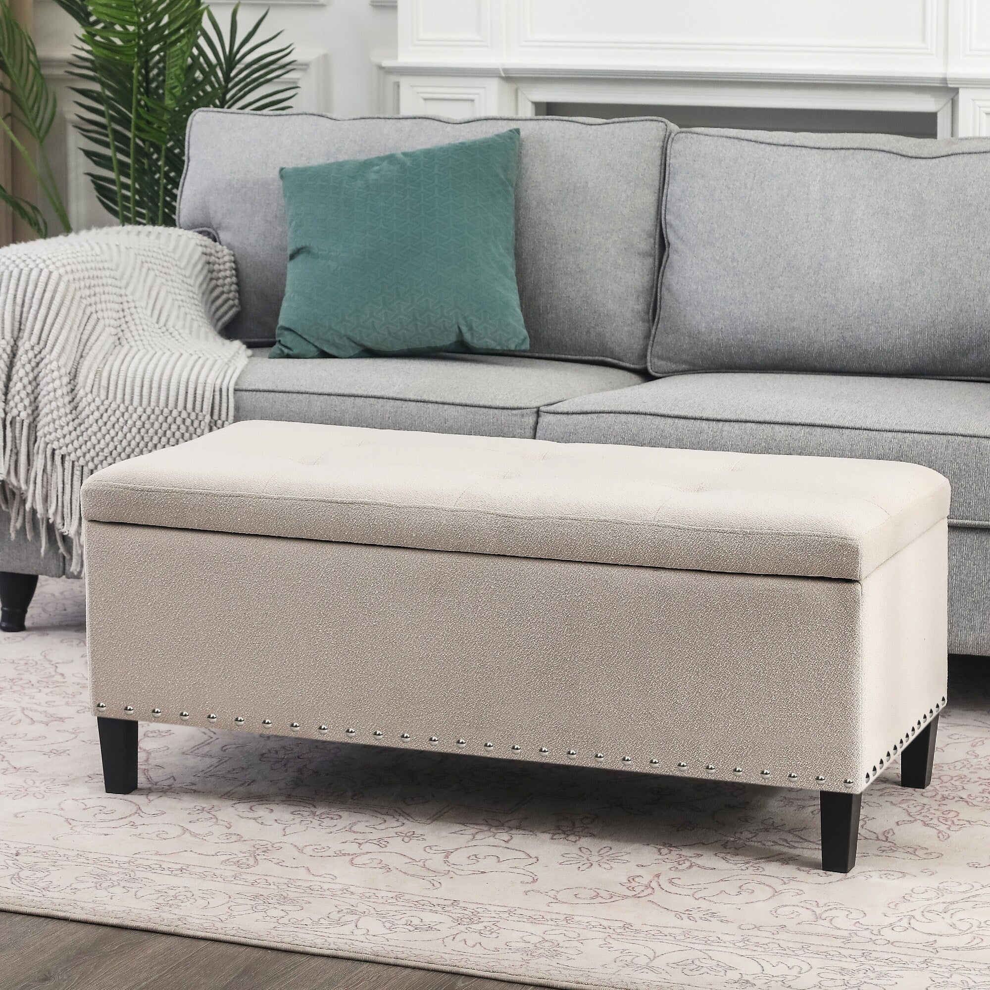 Adeco Storage Ottoman Bench Tufted Fabric Footrest For Living Room