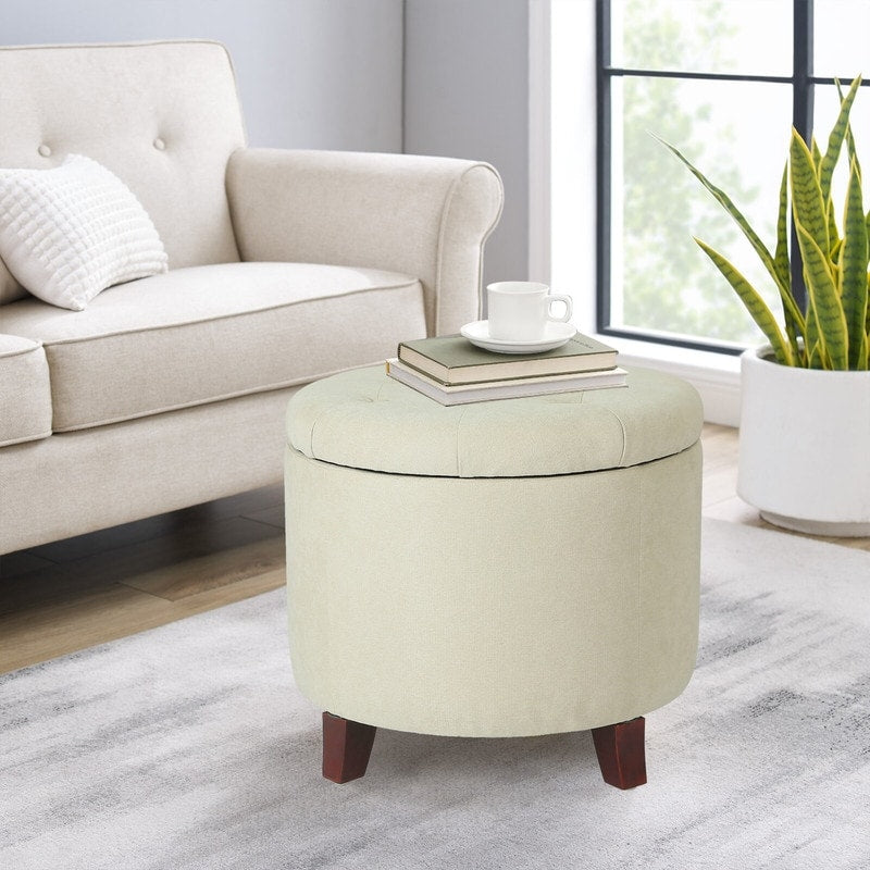 Adeco Fabric Cushion Round Button Tufted Lift Top Storage Ottoman Footstool Height 17 Inches Natural Fabric