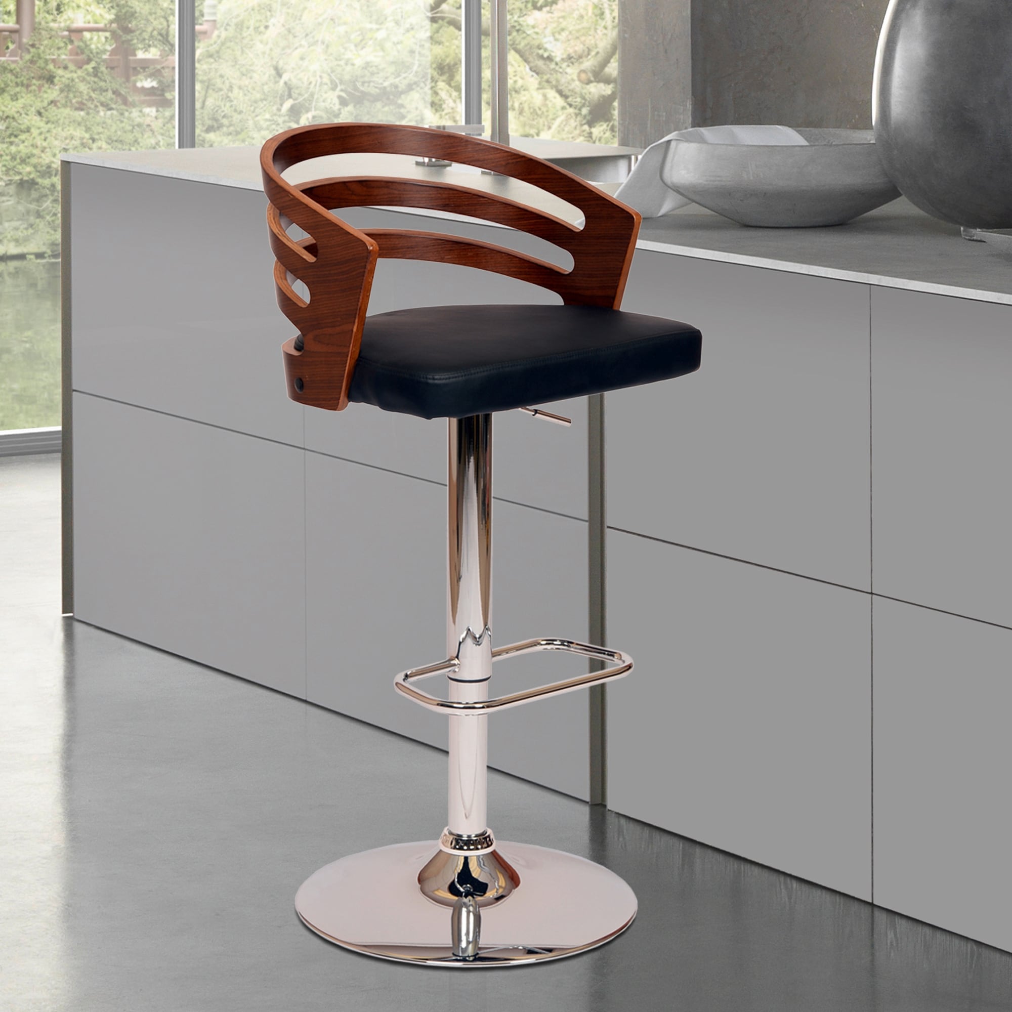 Adele Swivel Barstool In Black Pu Walnut Veneer And Chrome Base