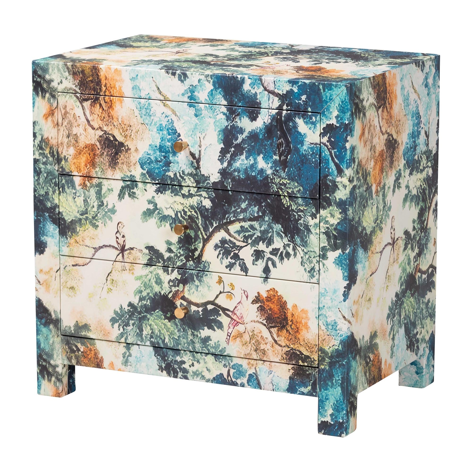 Adeline End Table With Printed Nature Motif 3 Drawer Storage Cabinet With Gold Knobs
