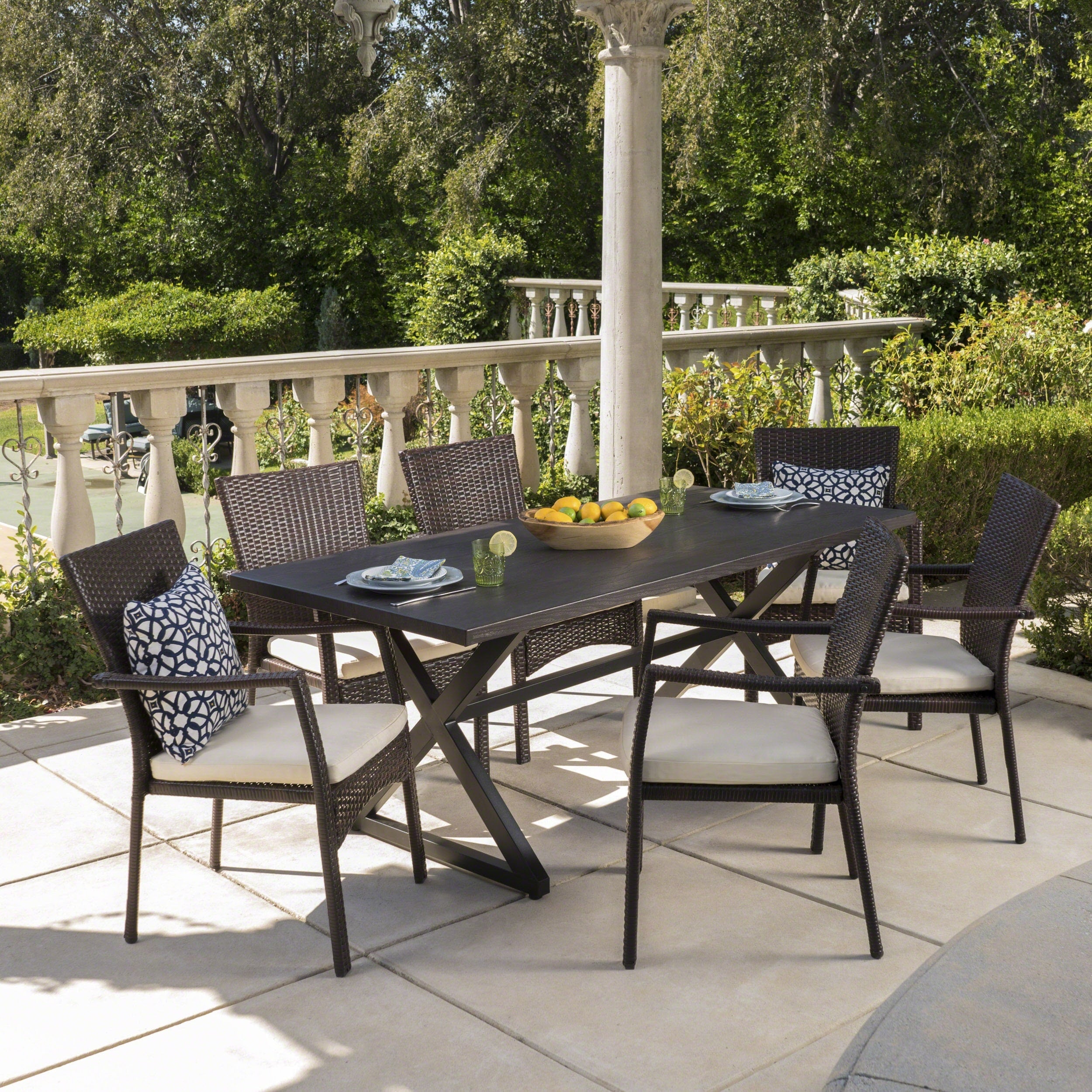 Adina Outdoor 7 Piece Rectangular Wicker Aluminum Dining Set With Cushions By Christopher Knight Home