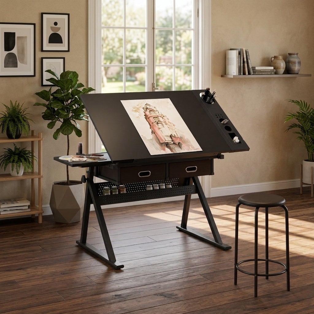 Adjustable Drawing Drafting Table Desk With 2 Drawers