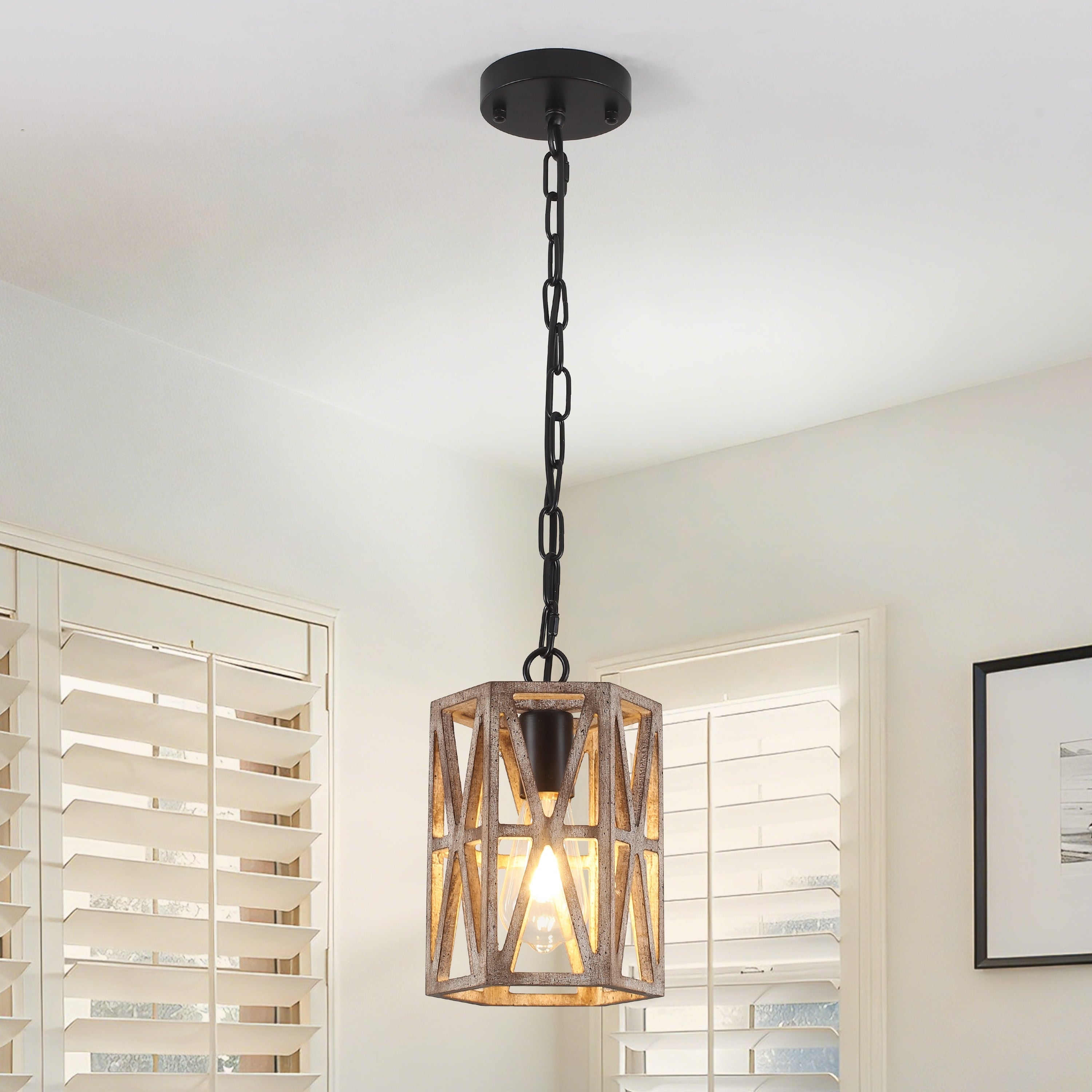 Farmhouse Wood Cage Adjustable 1 Light E26 Pendant Light 6.69 Wide