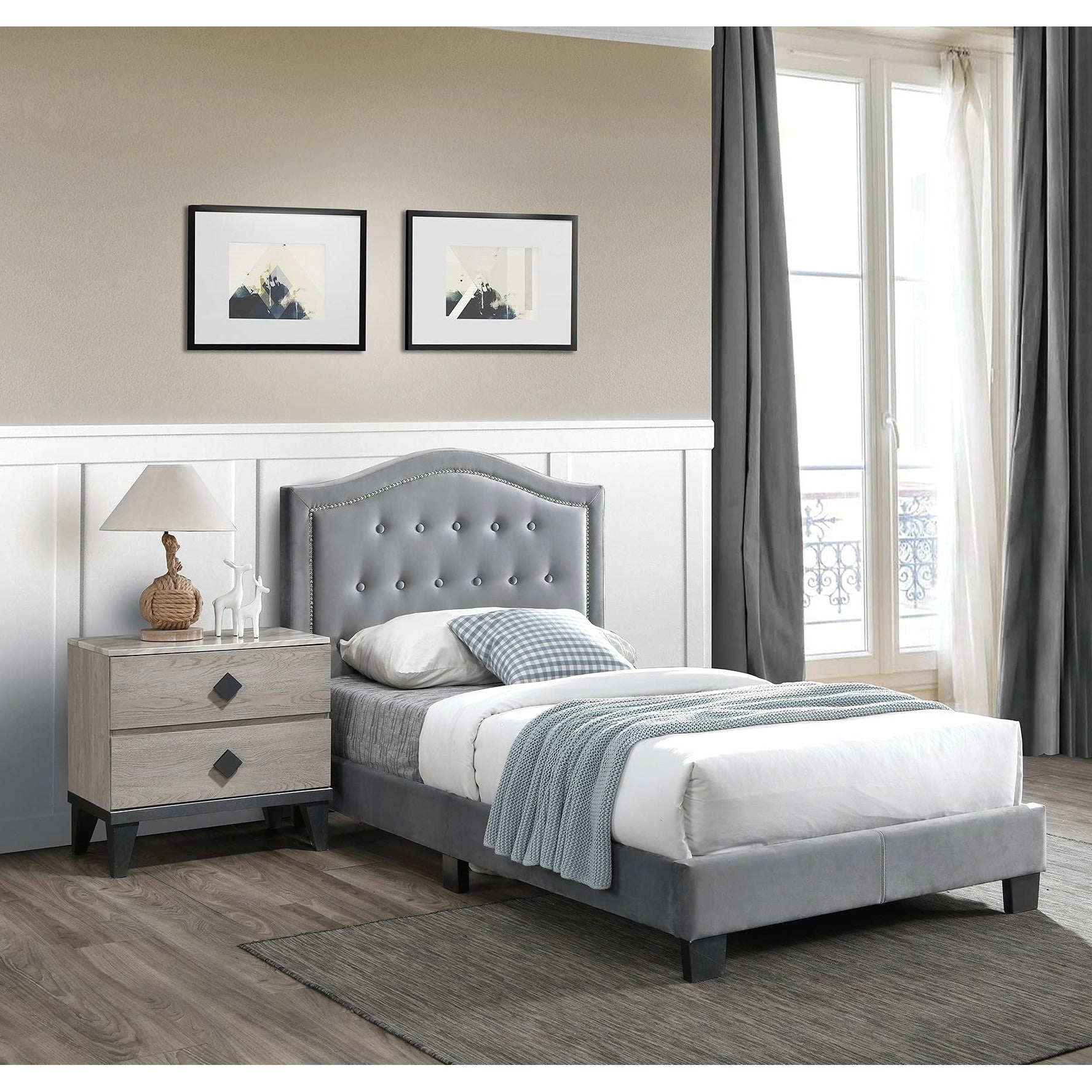 Adjustable Headboard 3Pc Set Bed 2X Nightstand Gray Finish