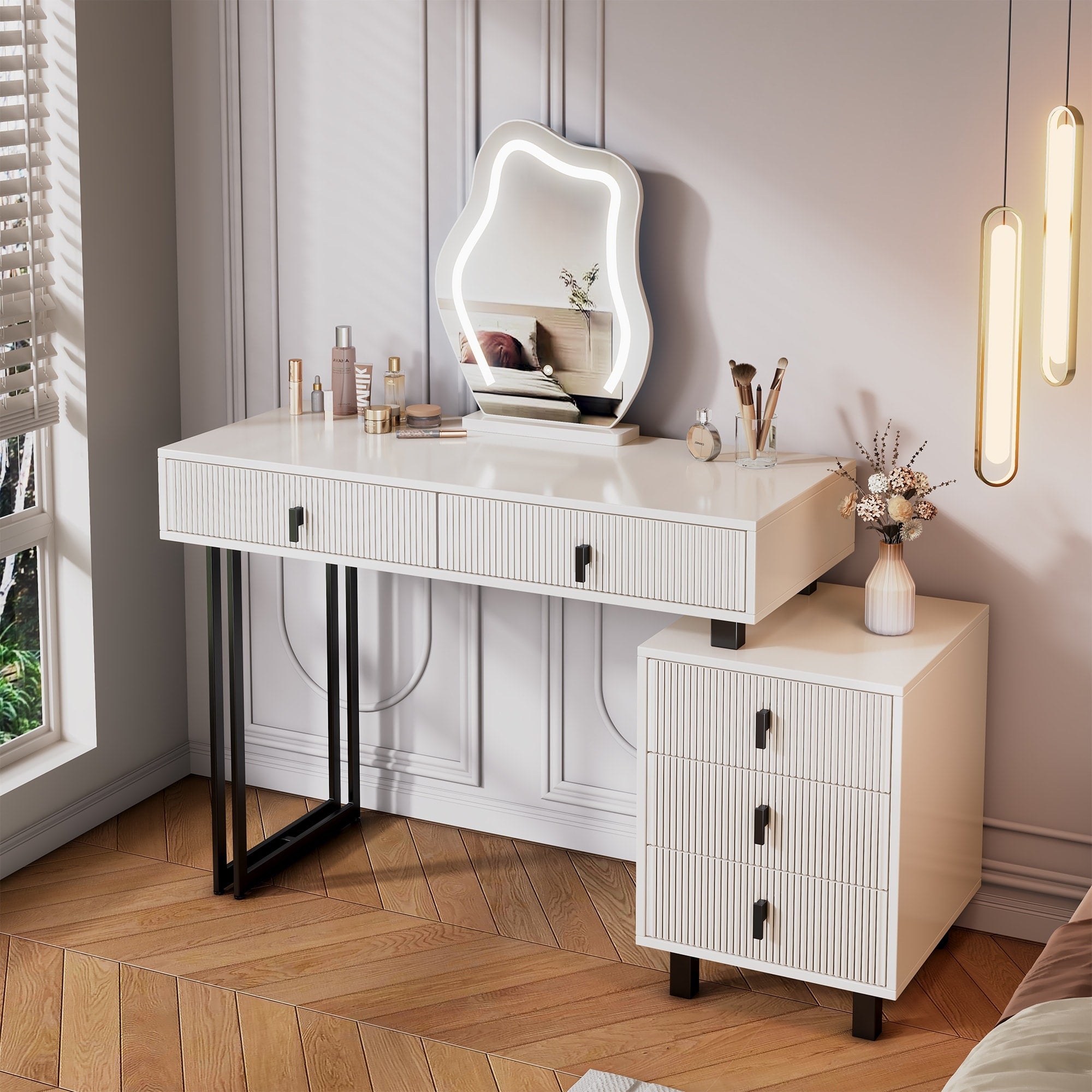Adjustable Length Vanity With Cloud Led Mirror Modern Makeup Table With Storage Drawers Side Cabinet Ribbed Texture Design