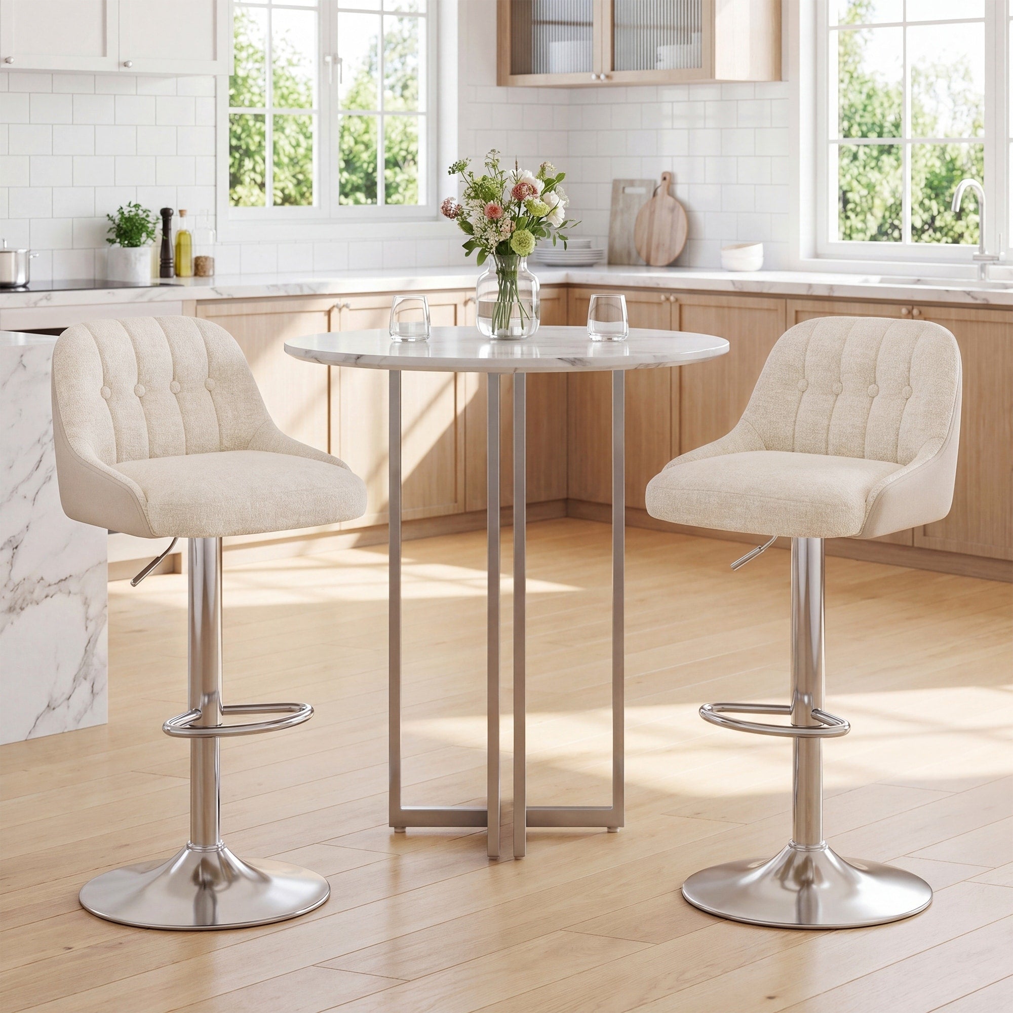 Adjustable Swivel Bar Stool With Pu Leather Backrest Footrest