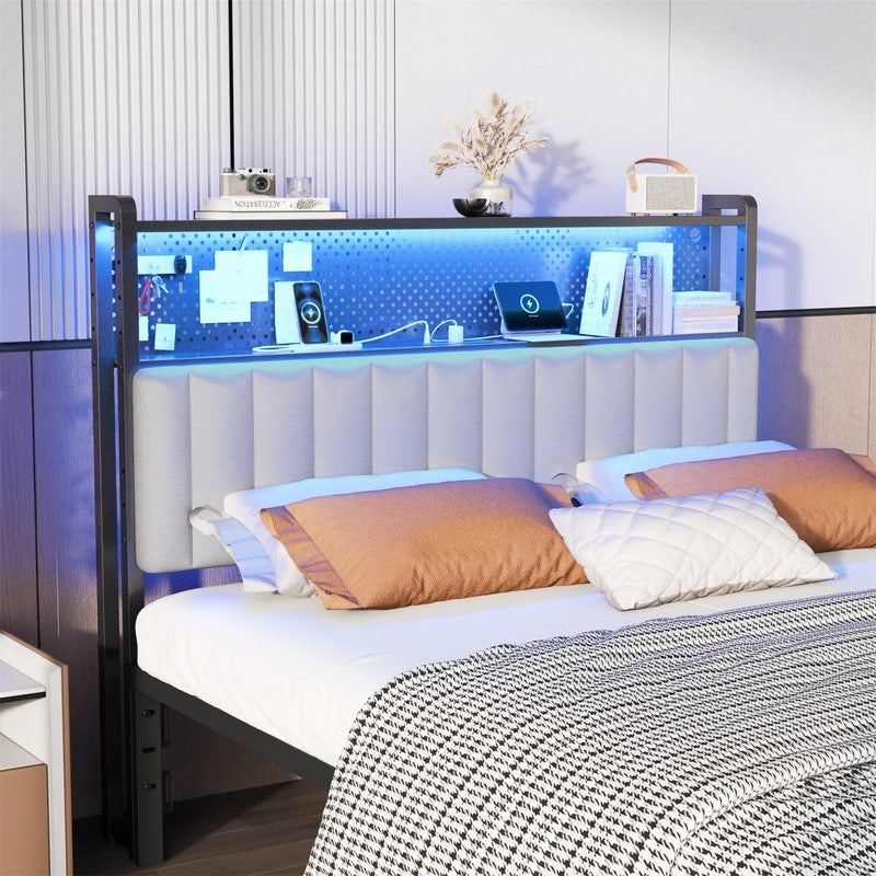 Adjustable Upholstered Headboard With 2 Tier Shelves With Charging Stations And Led Lights Modern Bed Headboard With Storage