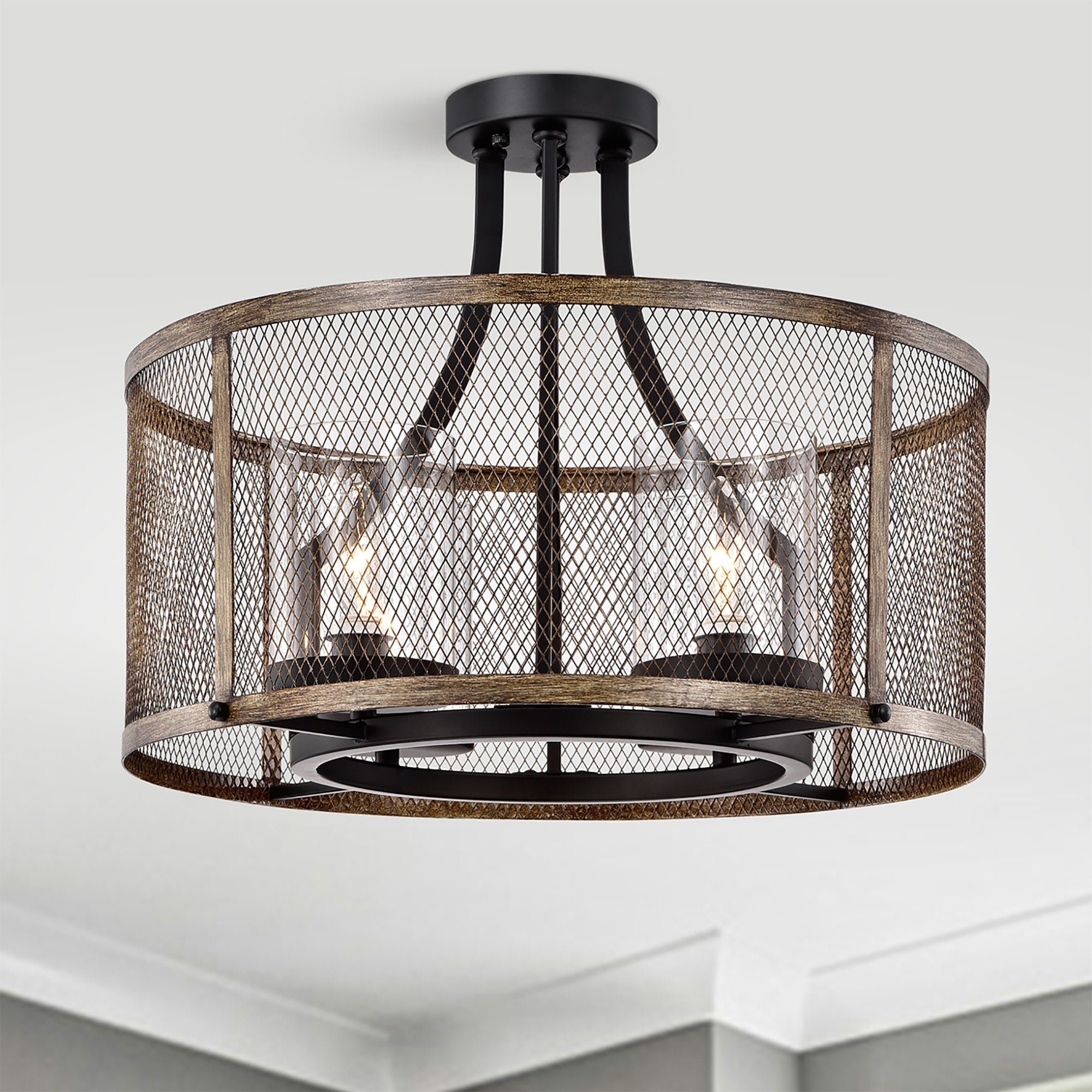 Adrian Matte Black 4 Light Metal Mesh Drum Shade Semi Flush Mount