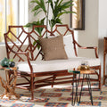 Aella Marbled Tortoise Natural Rattan Loveseat Bench With Cushion Handcrafted Boho Style Settee With Open Back And Curved Arms