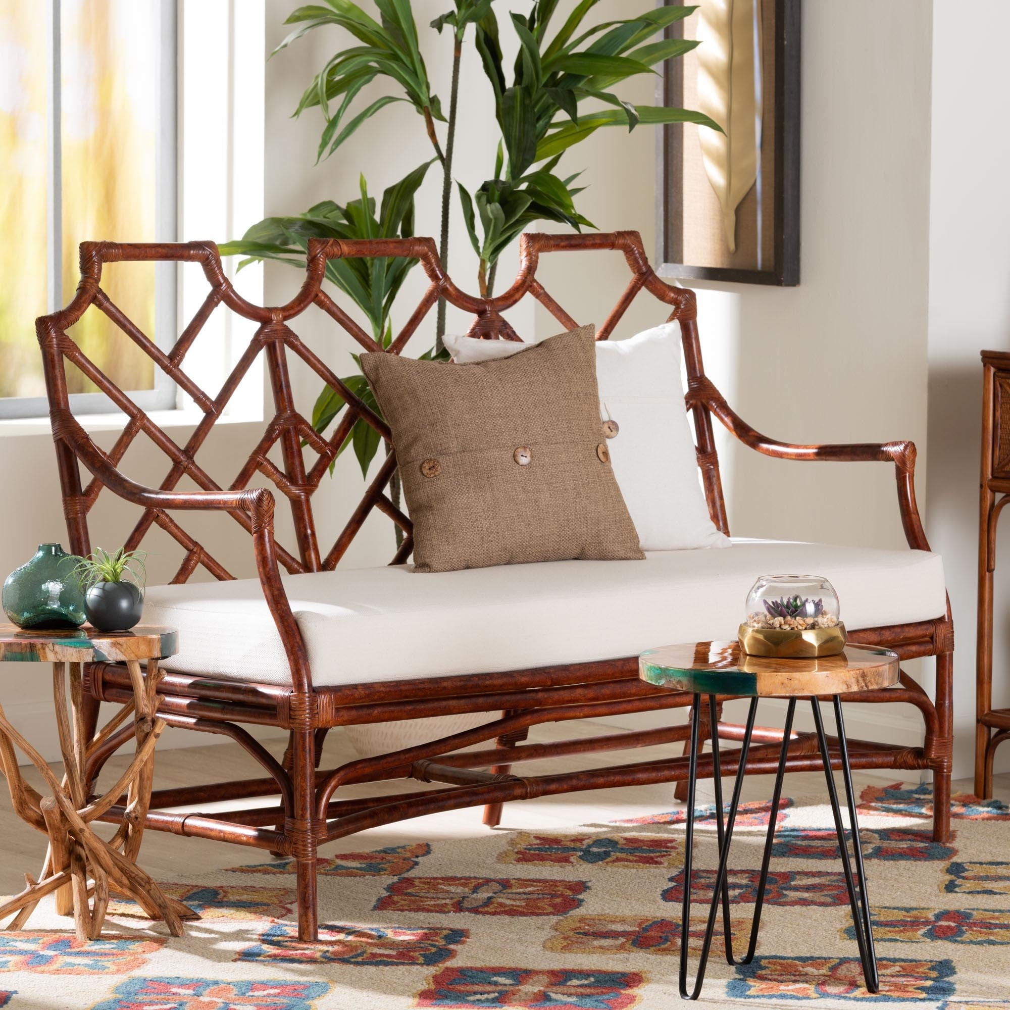 Aella Marbled Tortoise Natural Rattan Loveseat Bench With Cushion Handcrafted Boho Style Settee With Open Back And Curved Arms