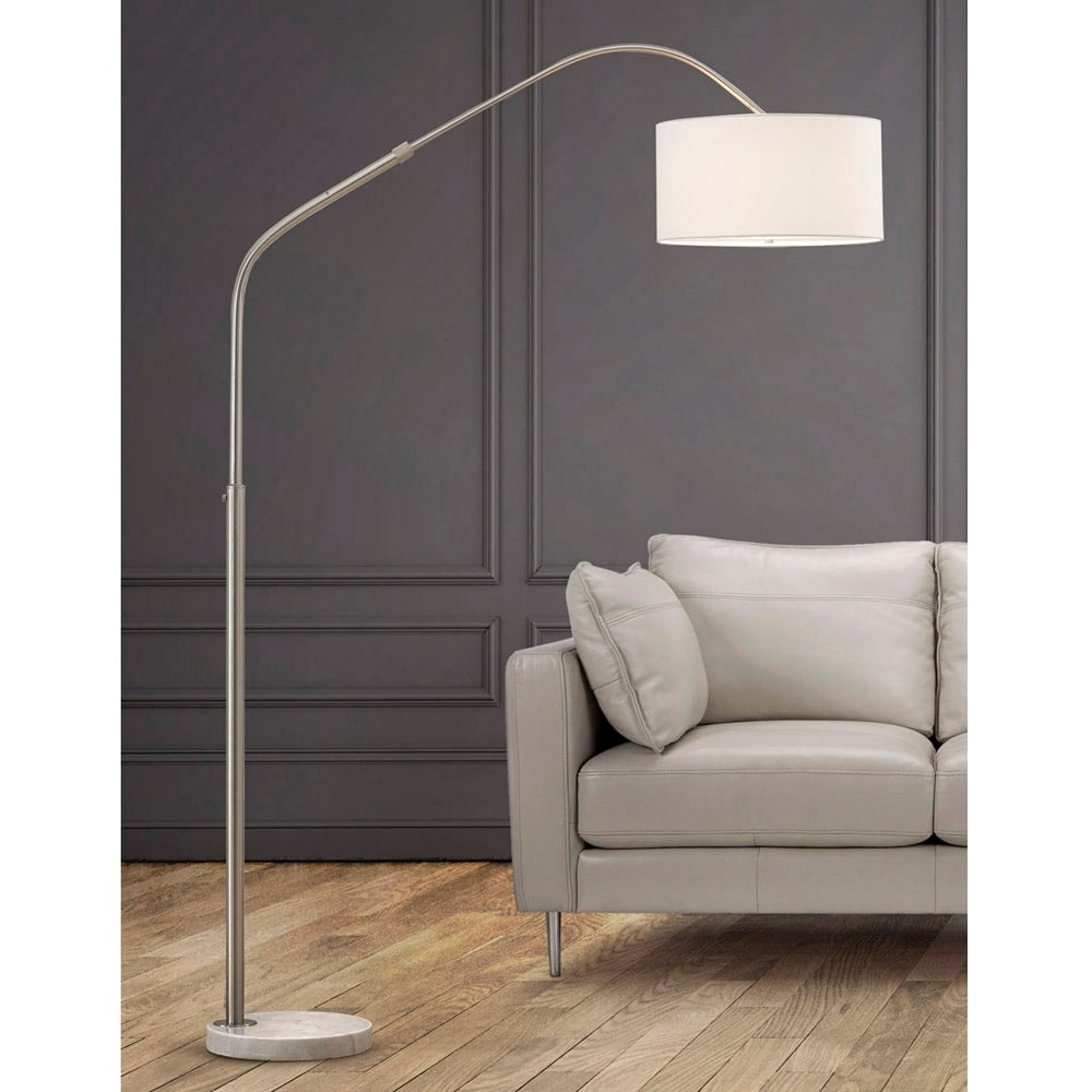 Homeglam Aero Retractable Brushed Nickel And Marble 81 Inch High Arch Floor Lamp With White Shade