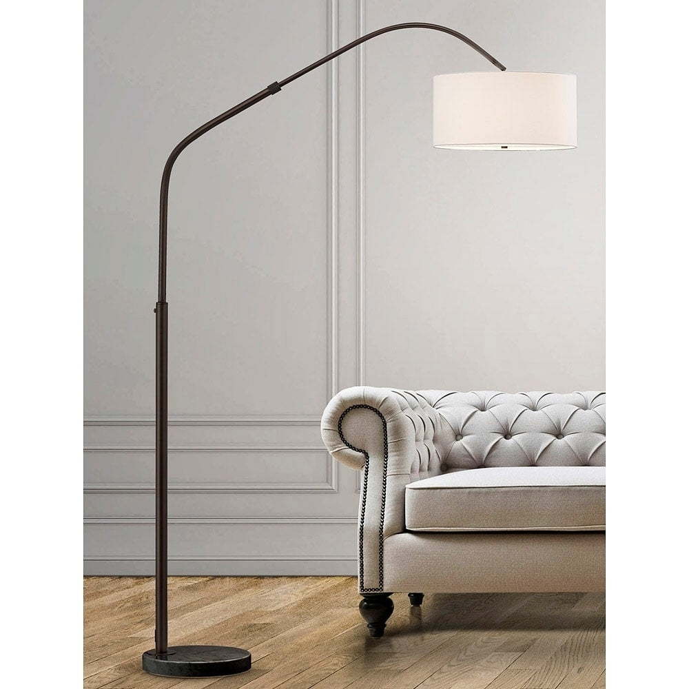 Homeglam Aero Dark Bronze Finish And Marble 81 Inch Retractable Arch Floor Lamp With White Fabric Shade