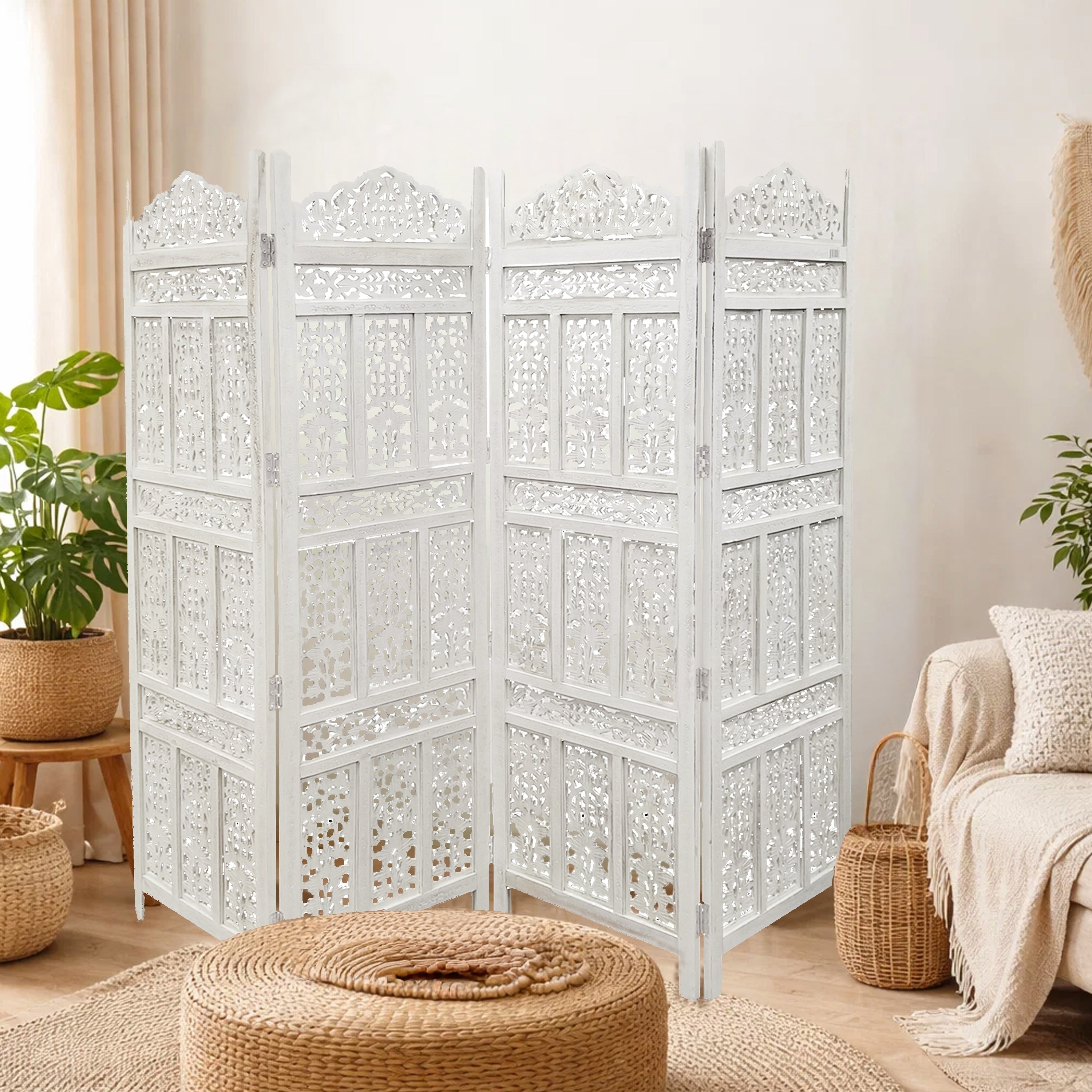 Aesthetically Carved 4 Panel Wooden Partition Screen Room Divider Antique White