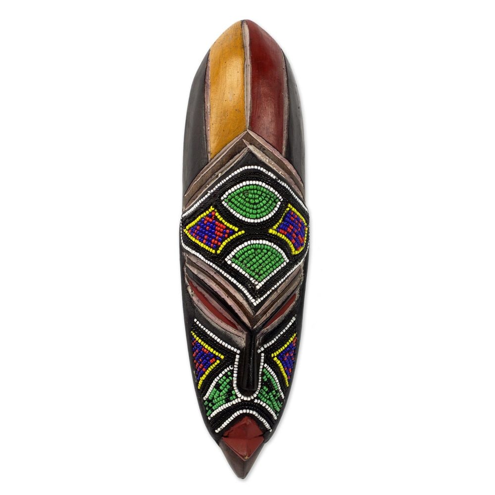 African Beaded Wood Mask Samba Messenger Ghana