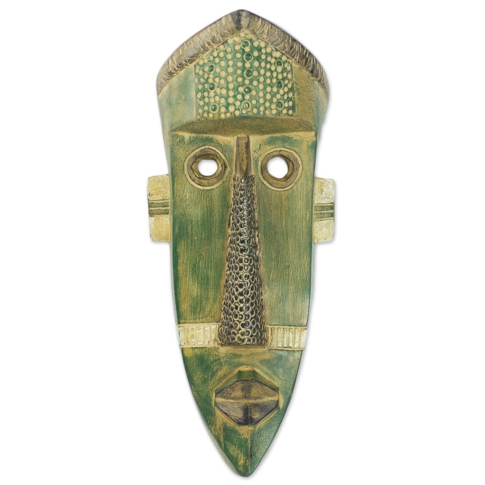 African Wood Mask Green Giant Ghana Tan Green