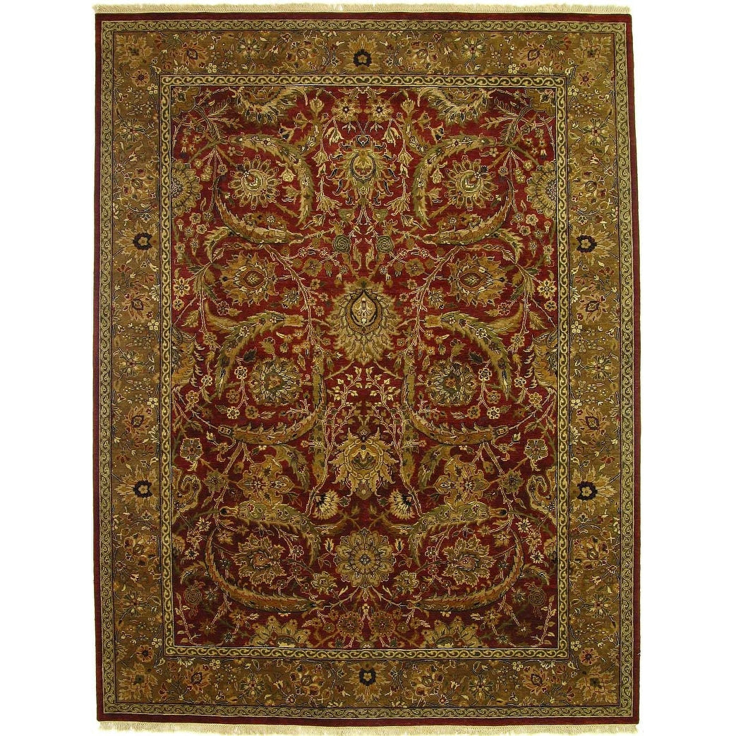 Agra Hand Knotted New Zealand Wool Red Gold Area Rug 8 Round
