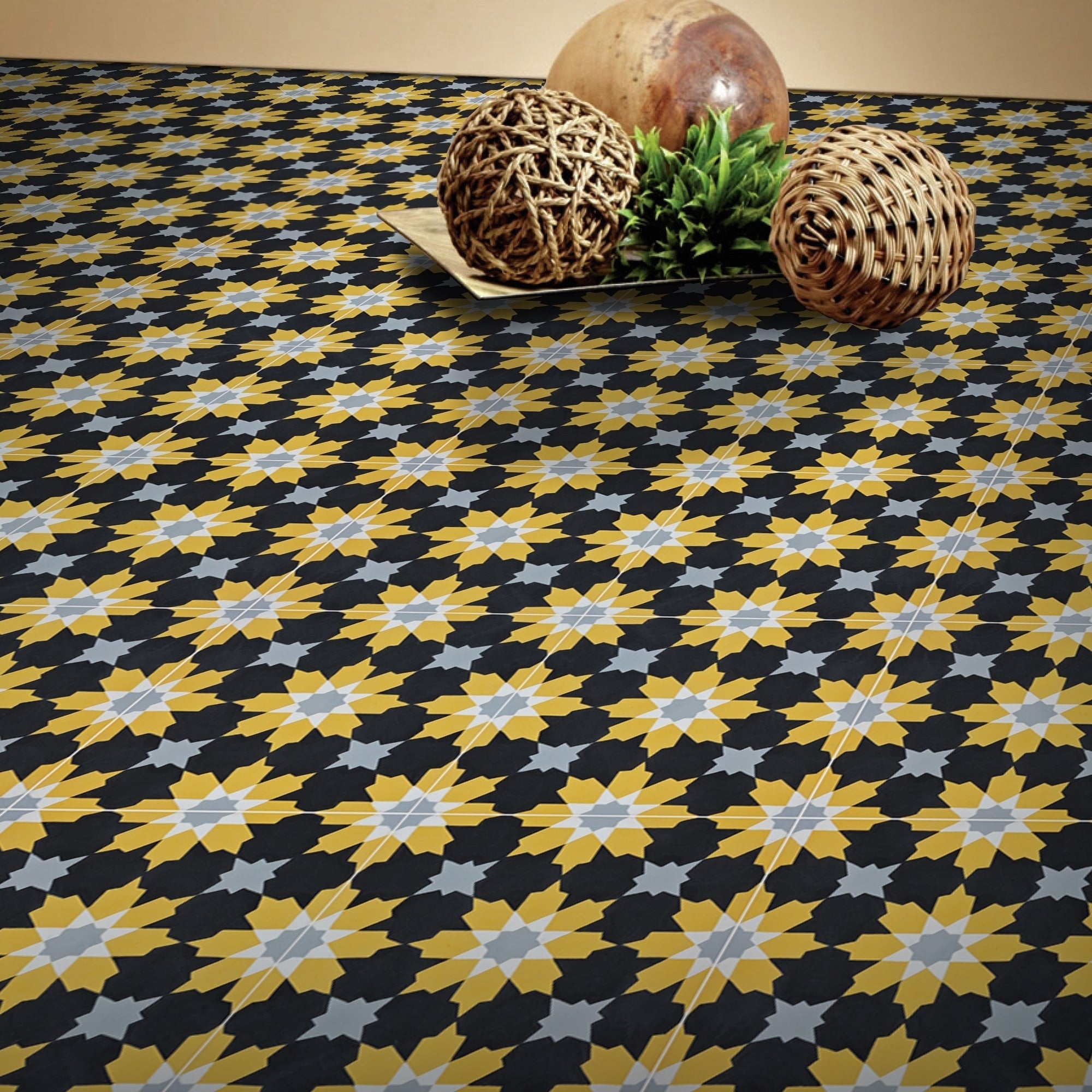 Ahfir In Black Yellow Grey Handmade 8X8 In Moroccan Tile Pack Of 12