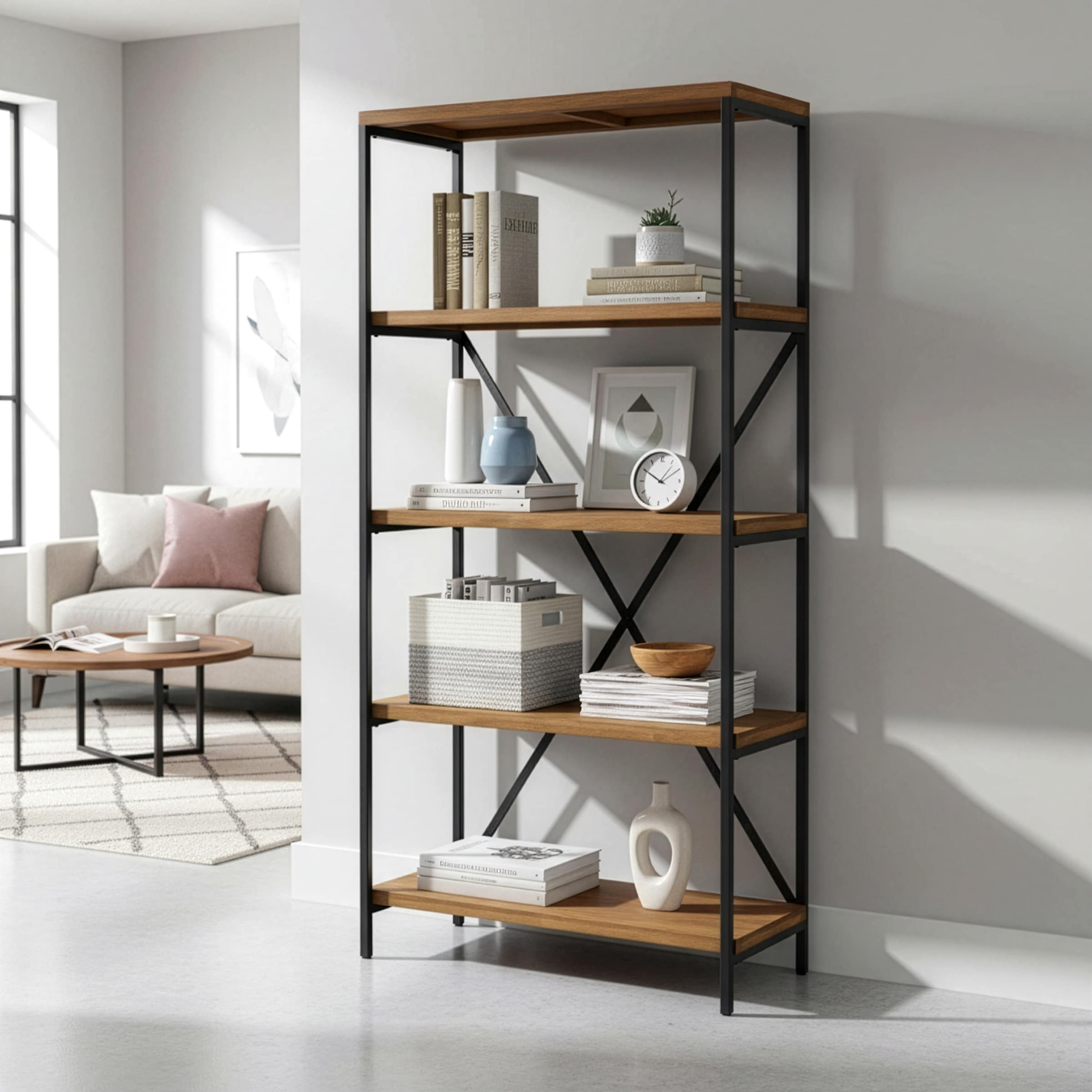 Ailis 67 Brown Pine Wood Shelf Etagere Bookcase Media Center With Metal Frame