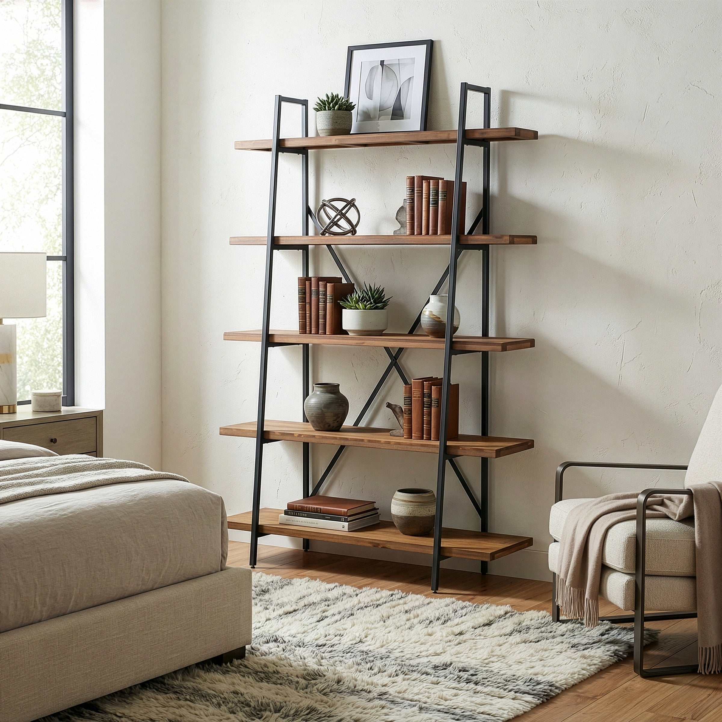 Ailis 71.5 Leaning Etagere Brown Pine Wood Metal Frame Bookcase