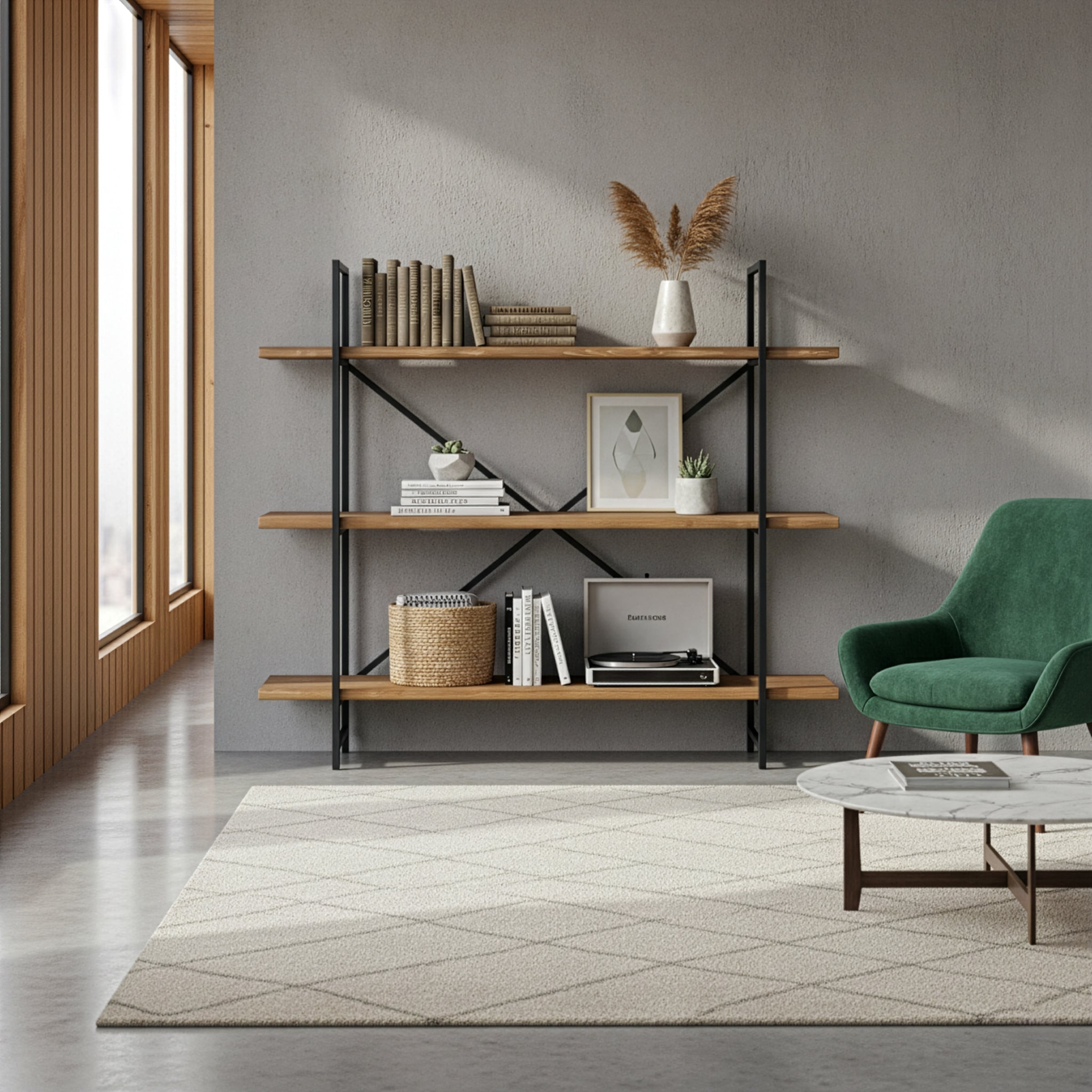 Ailis Brown Pine Wood Metal Frame 56 Inch Etagere Three Shelf Bookcase Media Center