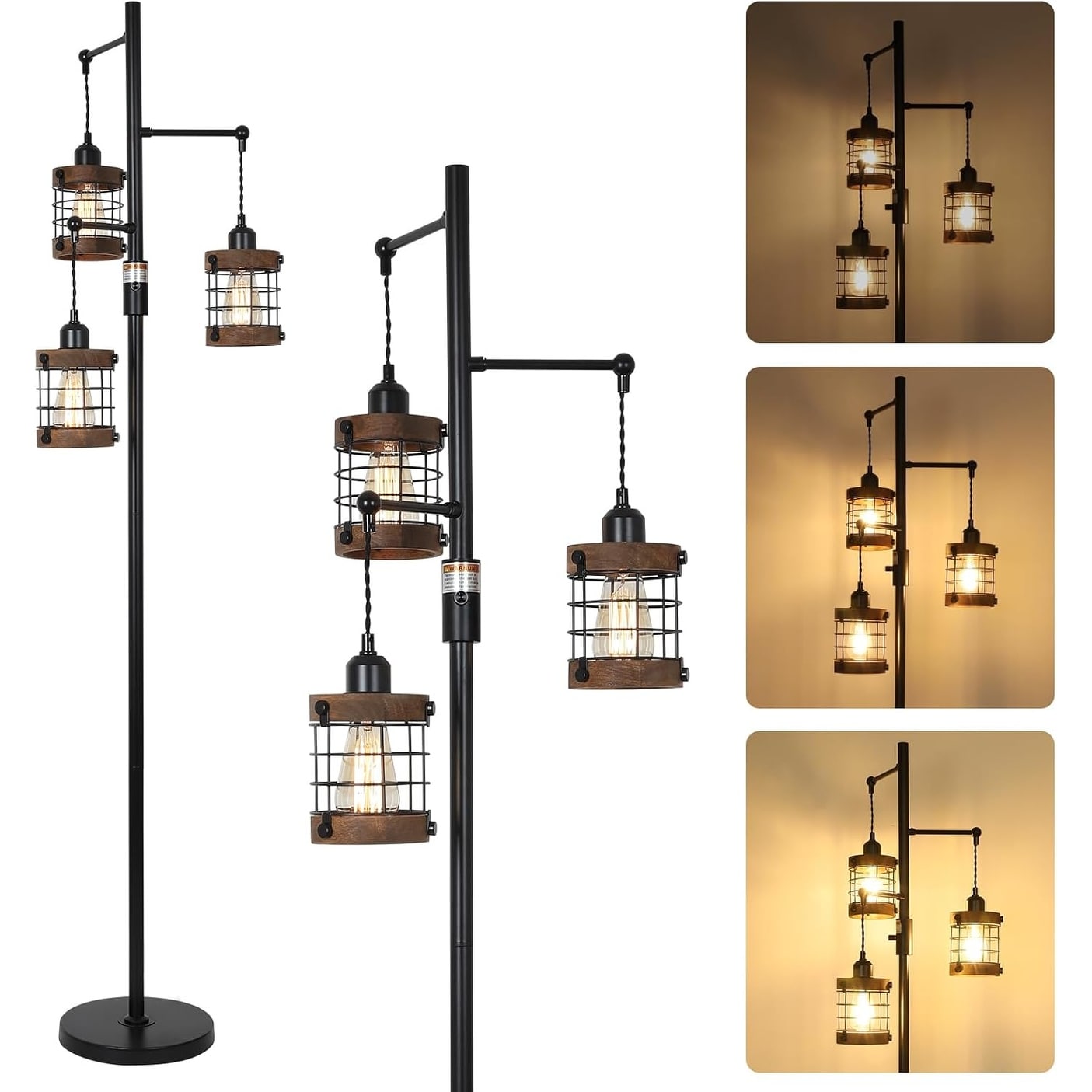 Airposta Dimmable Floor Lamps For Living Room 3 Light Industrial Floor Lamp With Wood Metal Cage