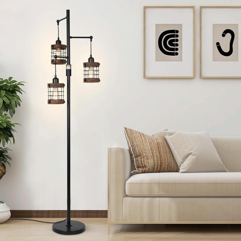 Airposta Dimmable Industrial Floor Lamp 3 Light Wood Metal Cage Floor Lamp