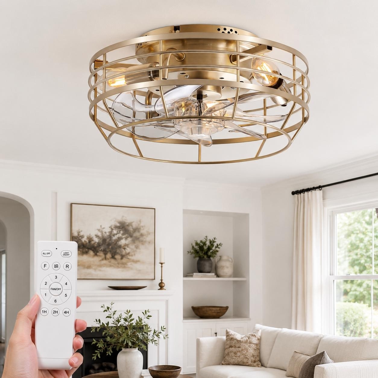 12.5 In Smart Caged Ceiling Fan With Lights 3 E12 Sockets Clear Pc Blades Quiet Dc Motor App Control