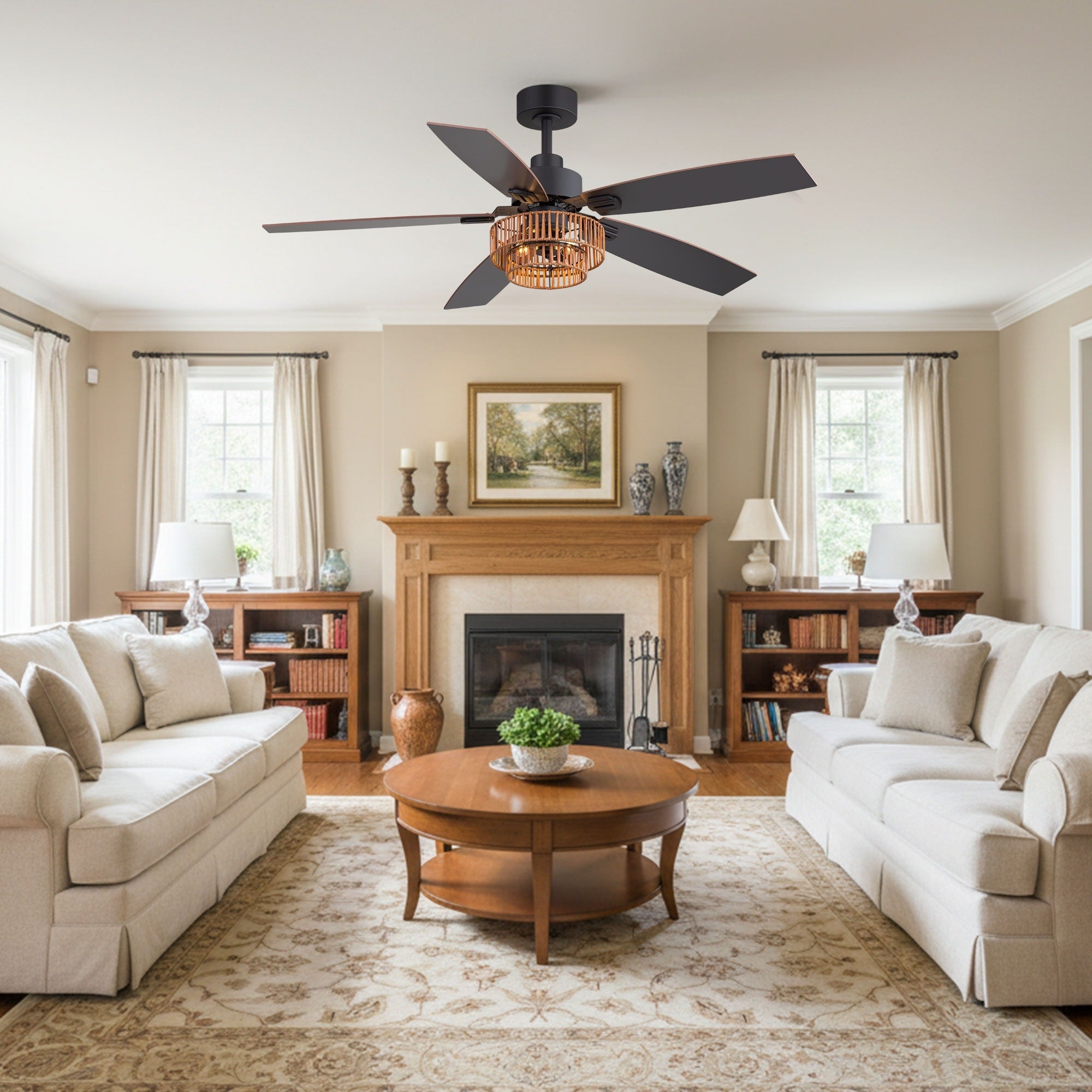 52 Ceiling Fan With Lights Rattan Shade Black Wood Blades Quiet Dc Motor Remote Control 6 Speeds Reversible Timer