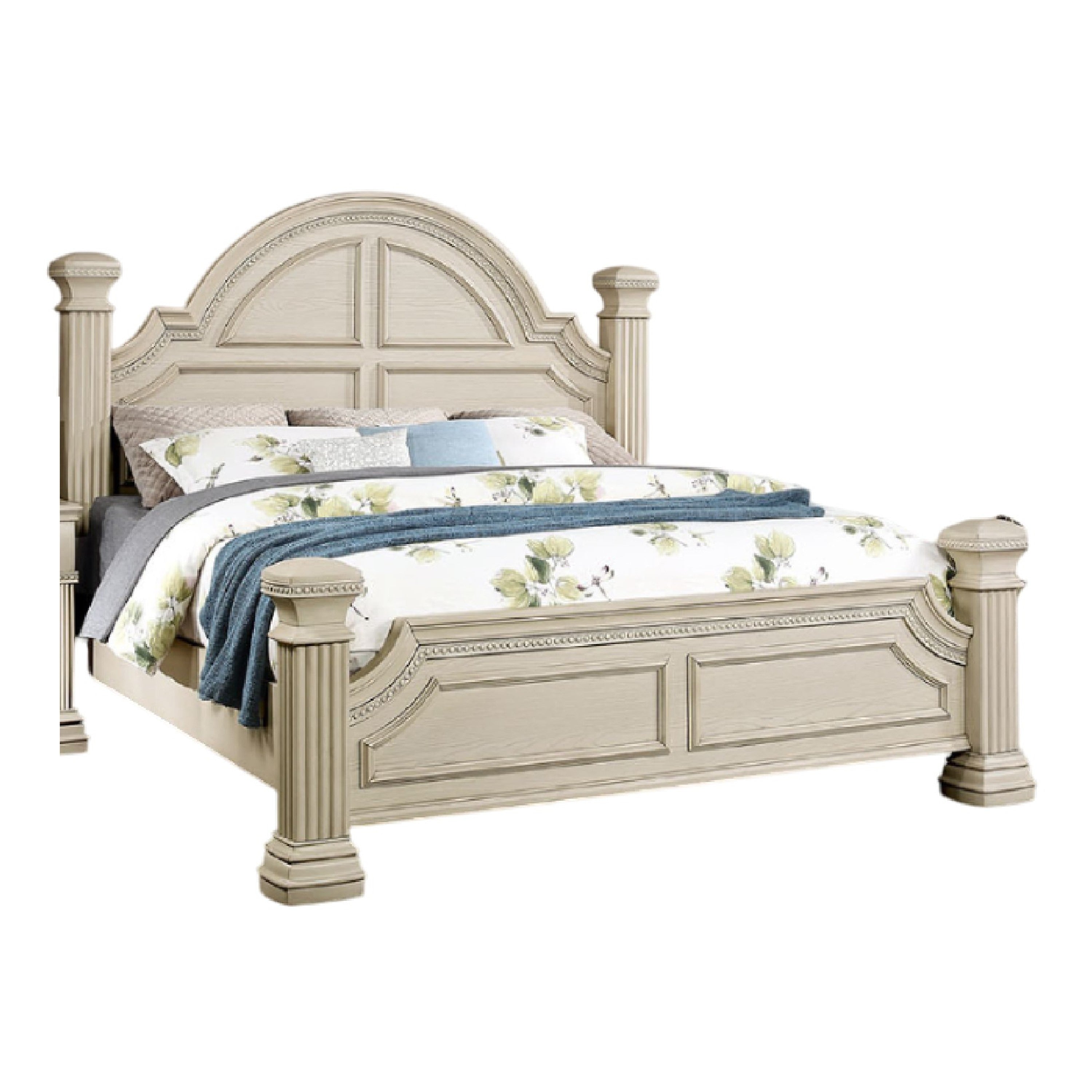 Akia King Bed Antique White Solid Wood Reeded Posts Molded Trim