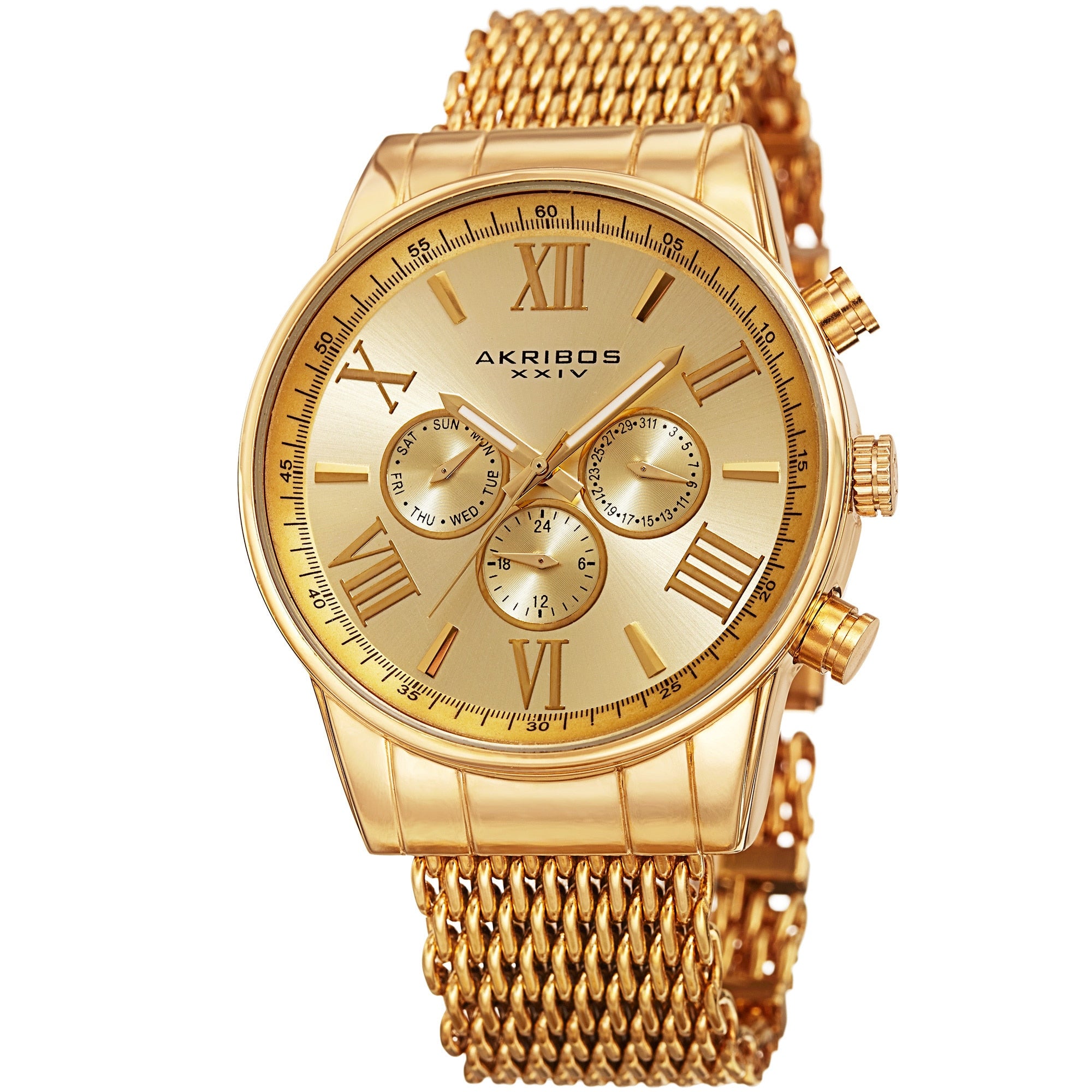Akribos Mens Swiss Quartz Multifunction Gold Tone Mesh Bracelet Watch
