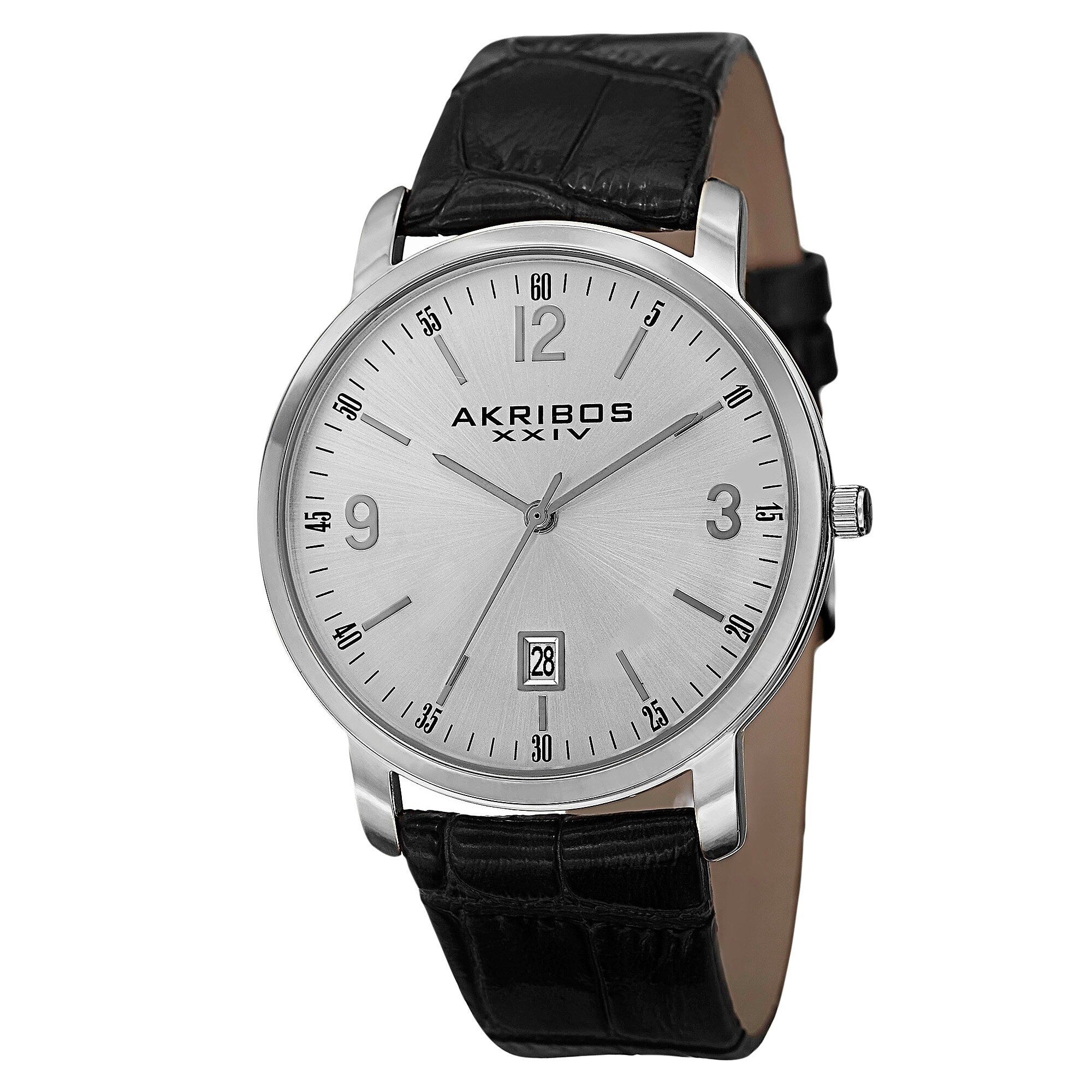 Akribos Xxiv Classic Mens Swiss Quartz Date Leather Silver Tone Strap Watch