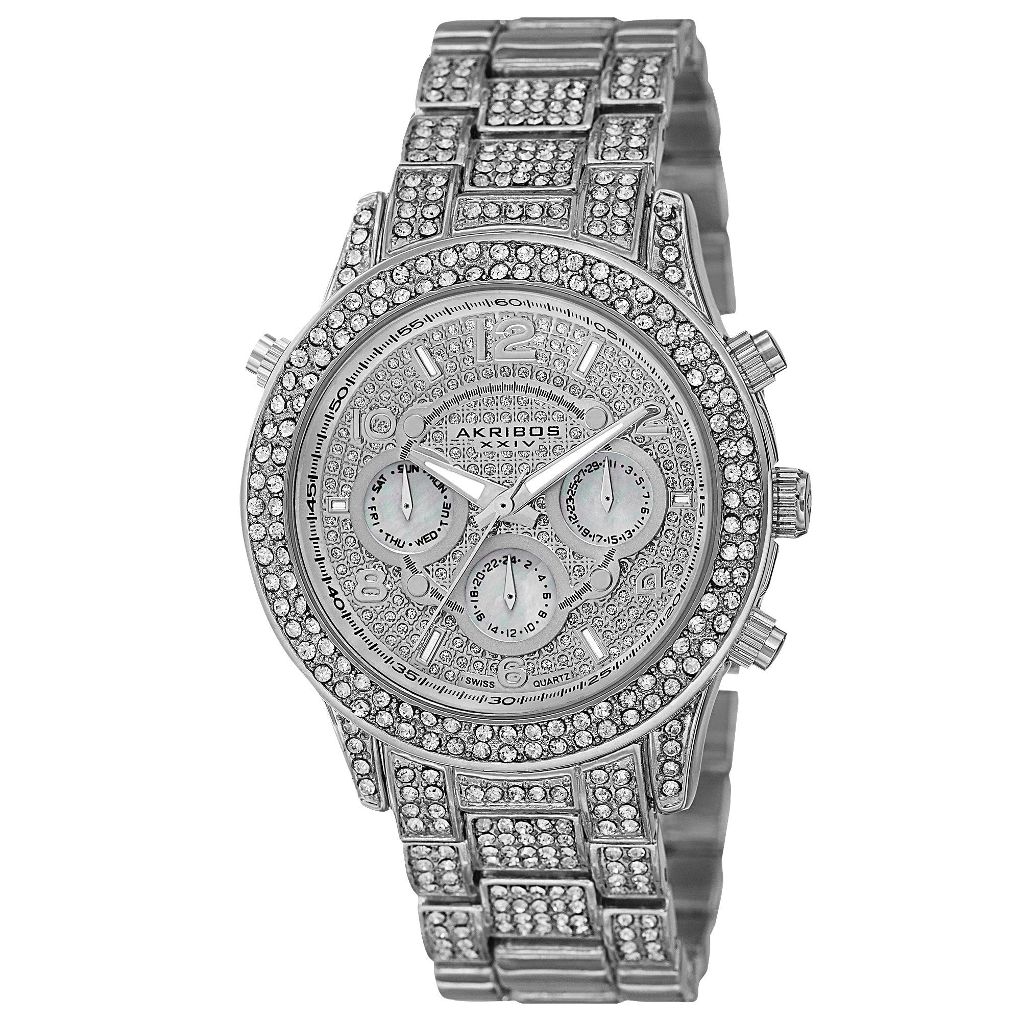 Akribos Xxiv Dazzling Womens Swiss Quartz Dual Time Crystal Accented Silver Tone Bracelet Watch