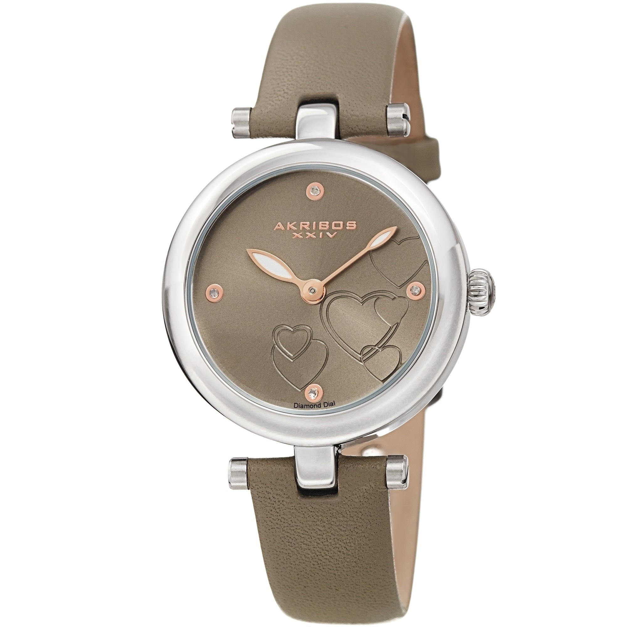 Akribos Xxiv Ladies Diamond Heart Barbell Lugs Grey Leather Strap Watch