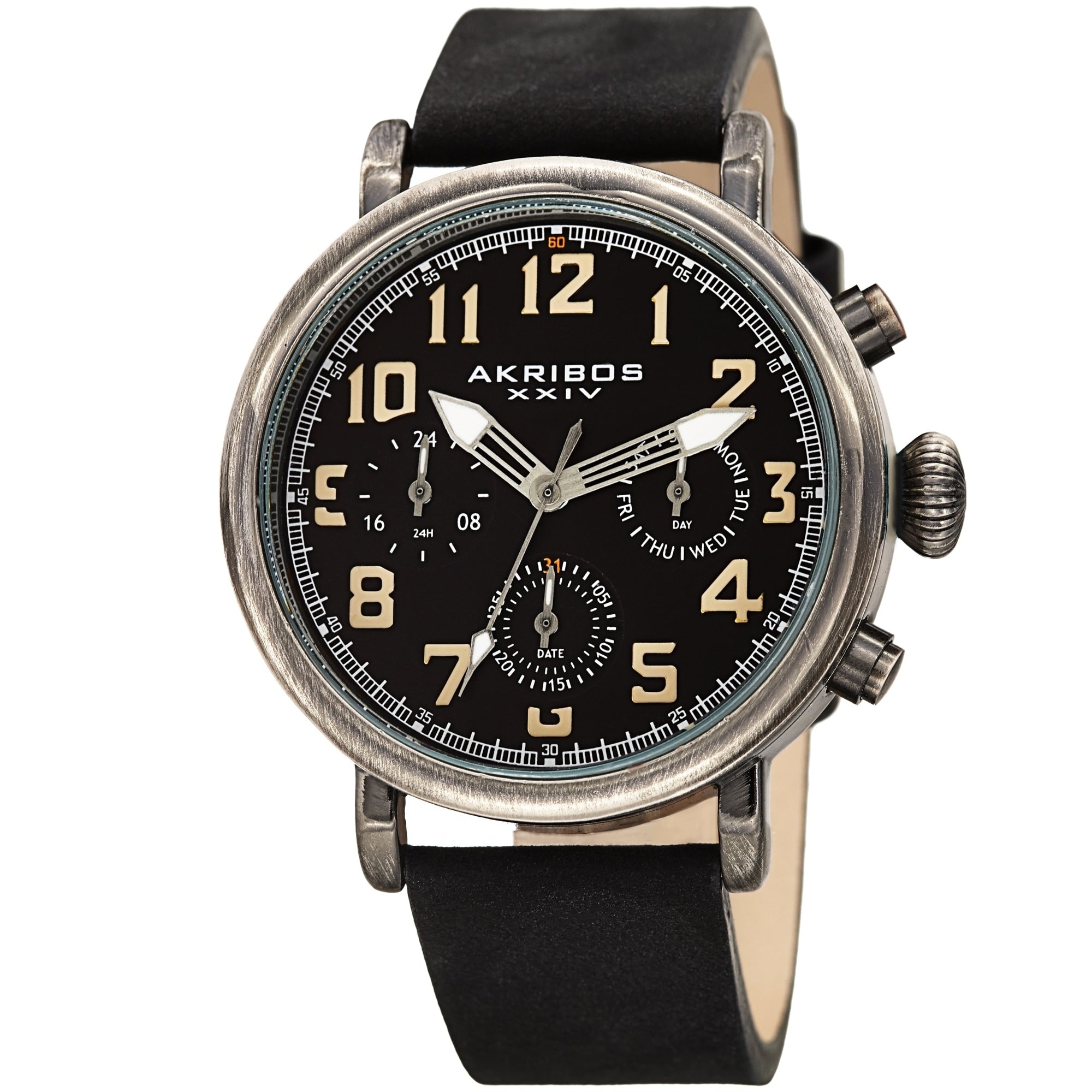 Akribos Xxiv Mens Ancient Black Chronograph Date Leather Strap Watch