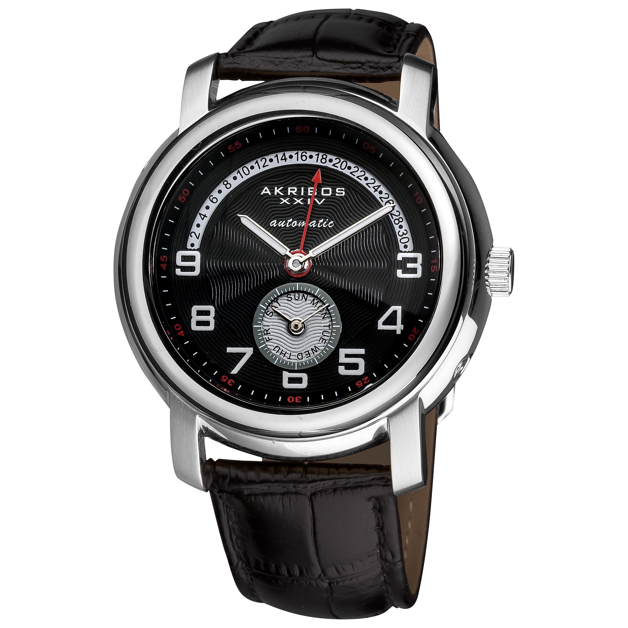 Akribos Xxiv Mens Automatic Retrograde Date Leather Black Strap Watch