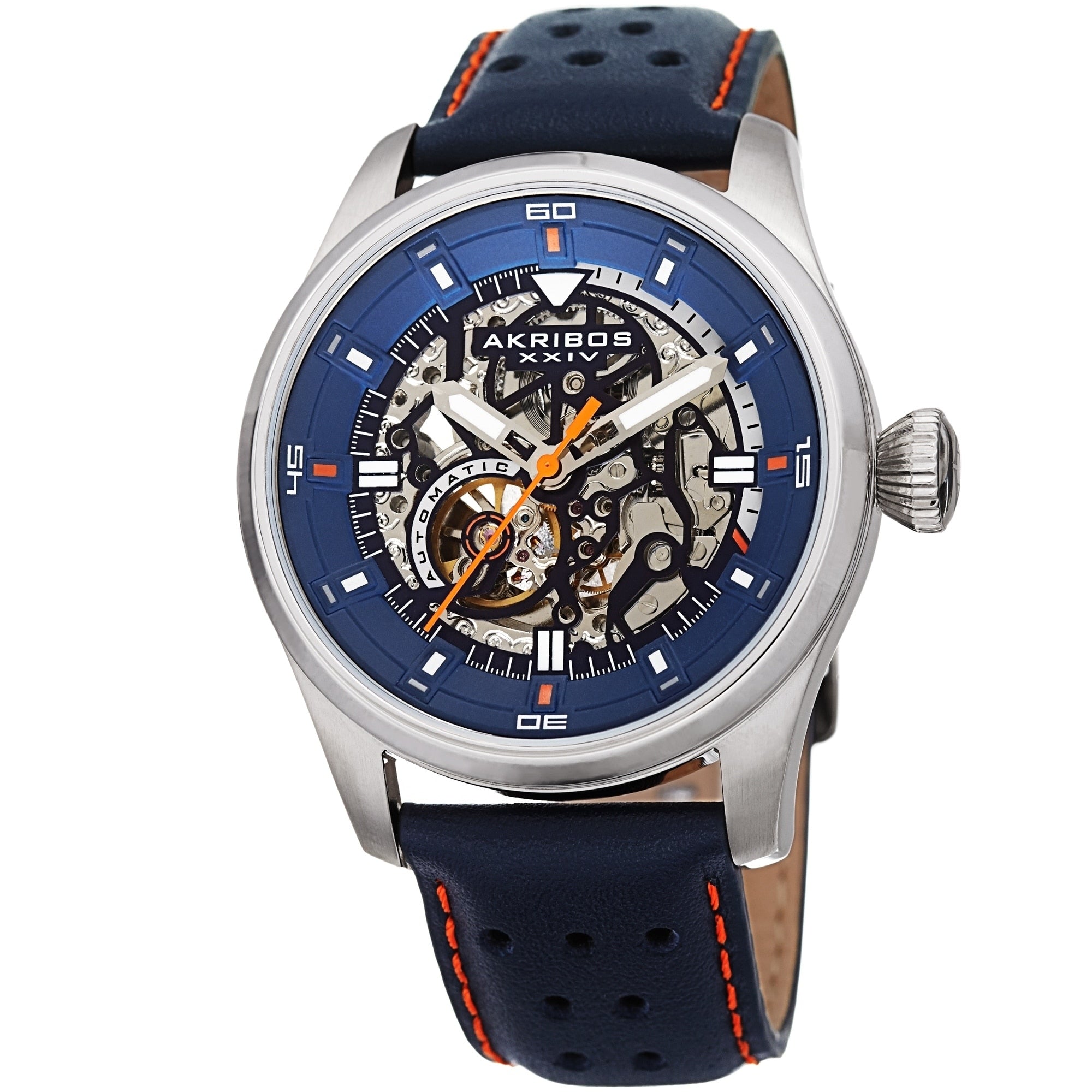Akribos Xxiv Mens Automatic Skeleton Perforated Blue Leather Strap Watch