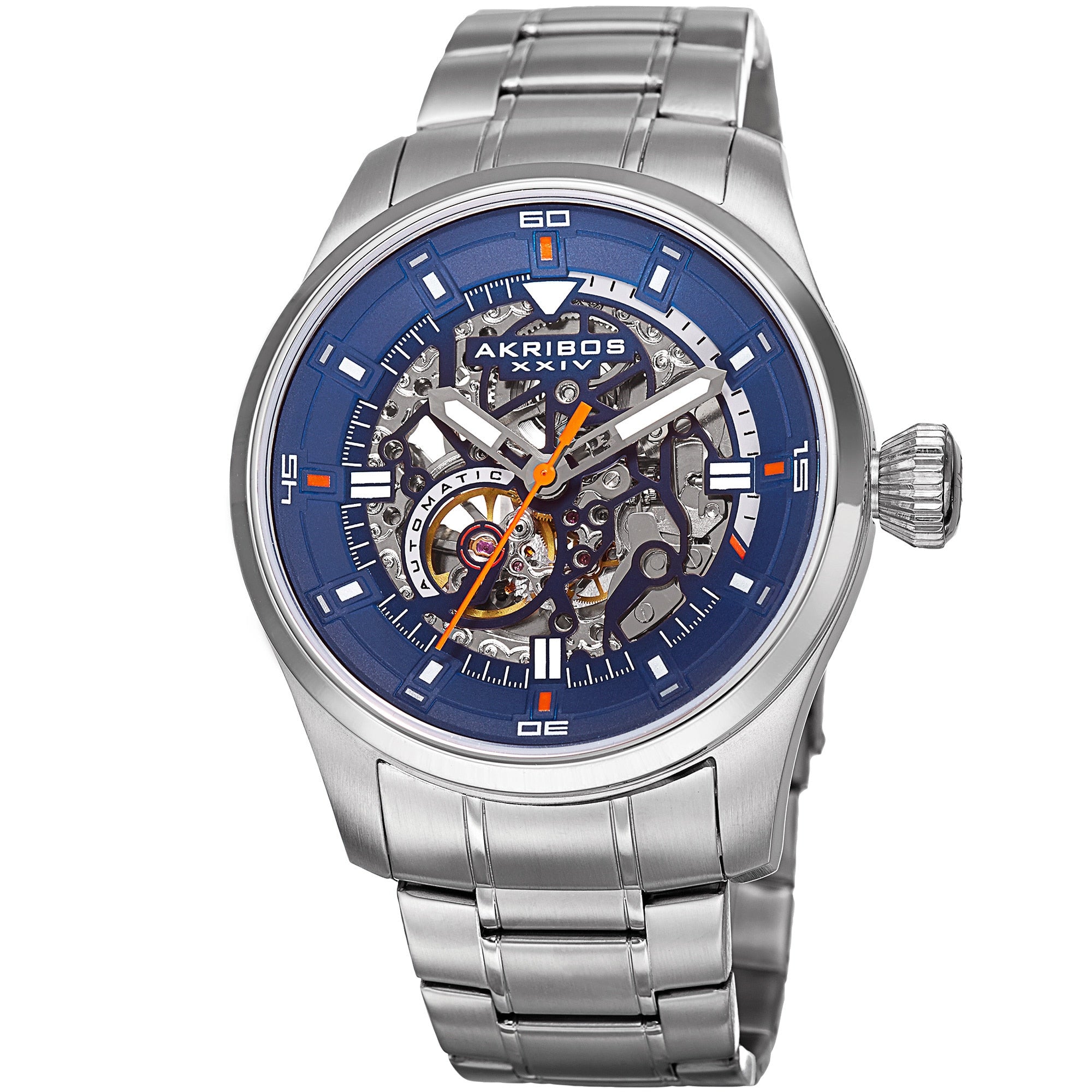 Akribos Xxiv Mens Automatic Skeleton Stainless Steel Silver Tone Bracelet Watch
