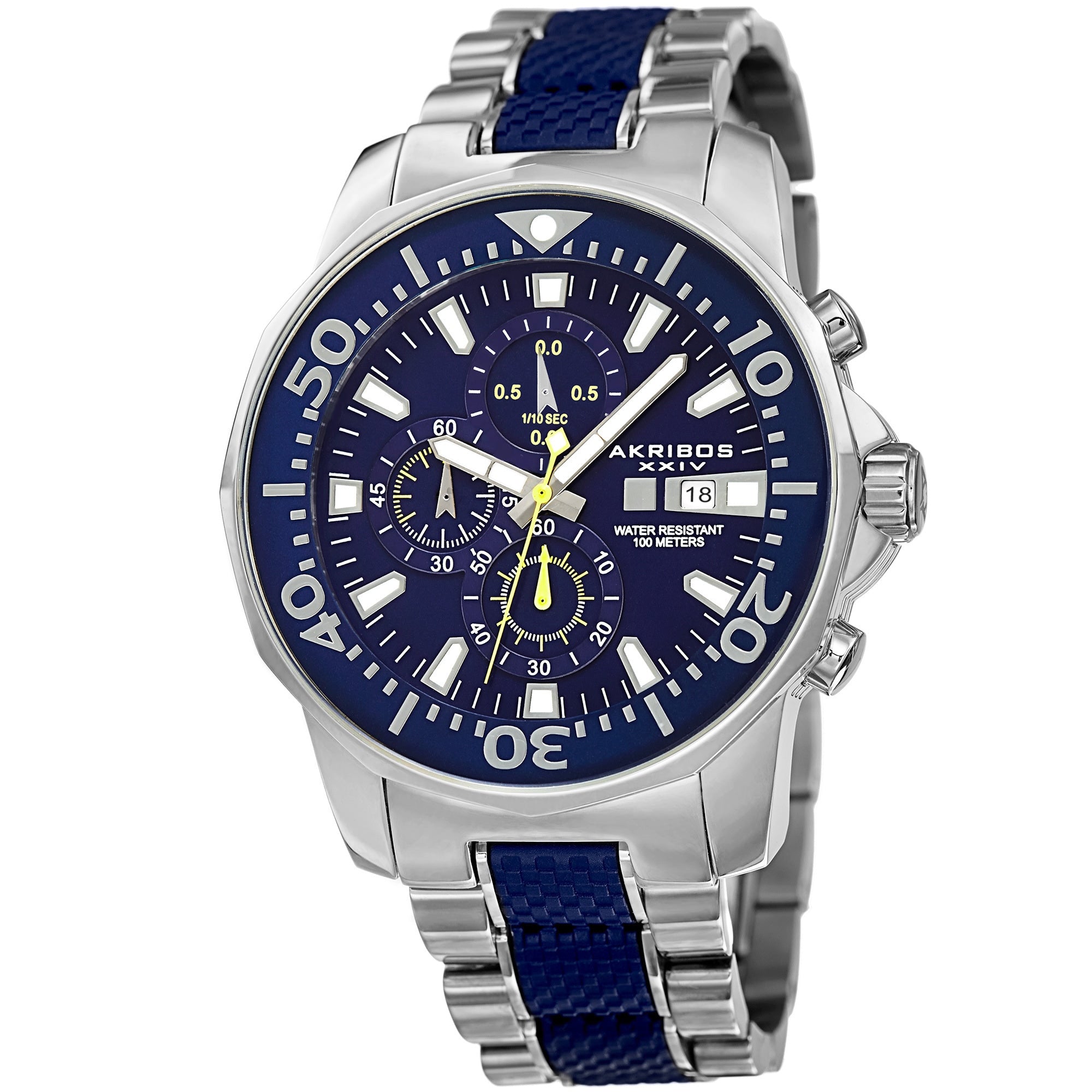 Akribos Xxiv Mens Bold Chronograph Two Tone Stainless Steel Blue Bracelet Watch