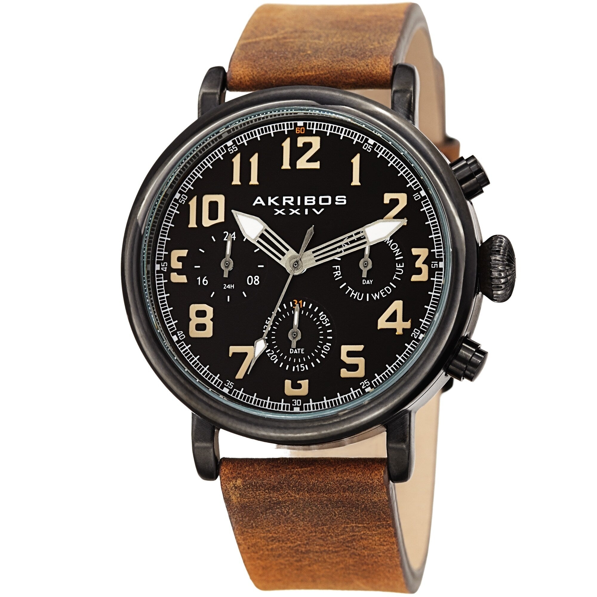Akribos Xxiv Mens Brown Chronograph Date Leather Strap Watch