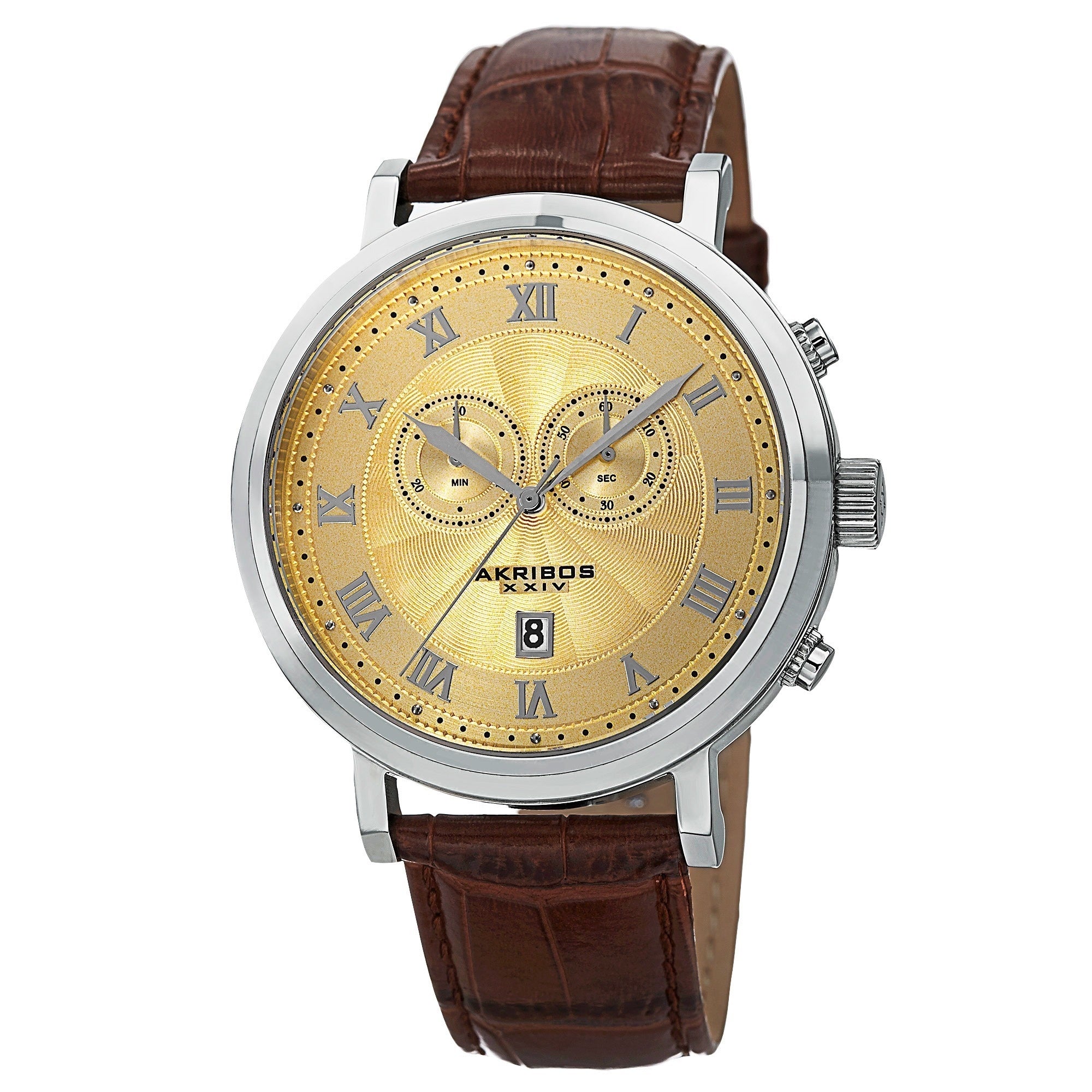 Akribos Xxiv Mens Brown Leather Silver Tone Strap Swiss Collection Chronograph Watch With Gold Face